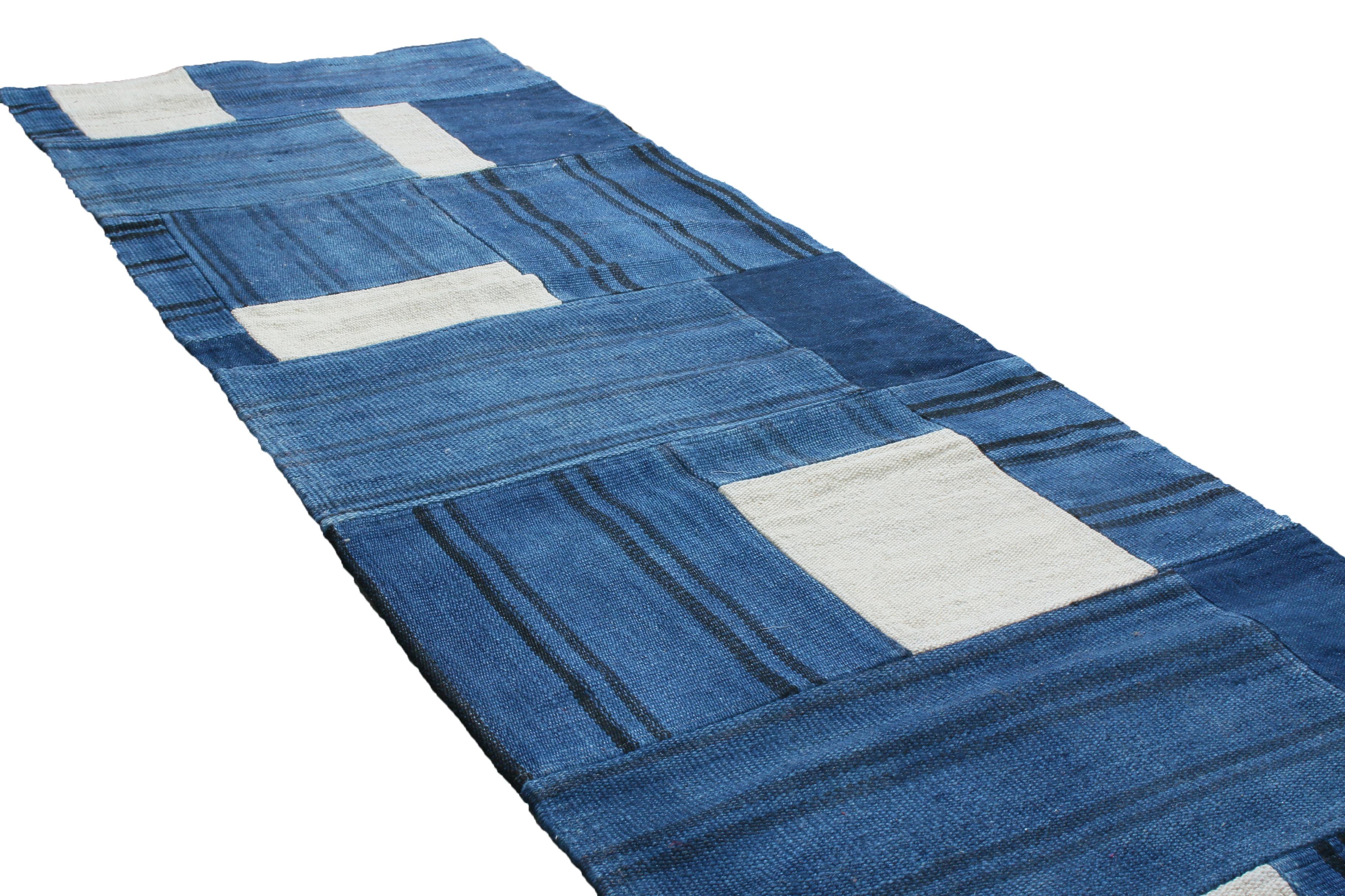 Indian Rug & Kilim's Contemporary Patchwork Blue and White Wool Runner 