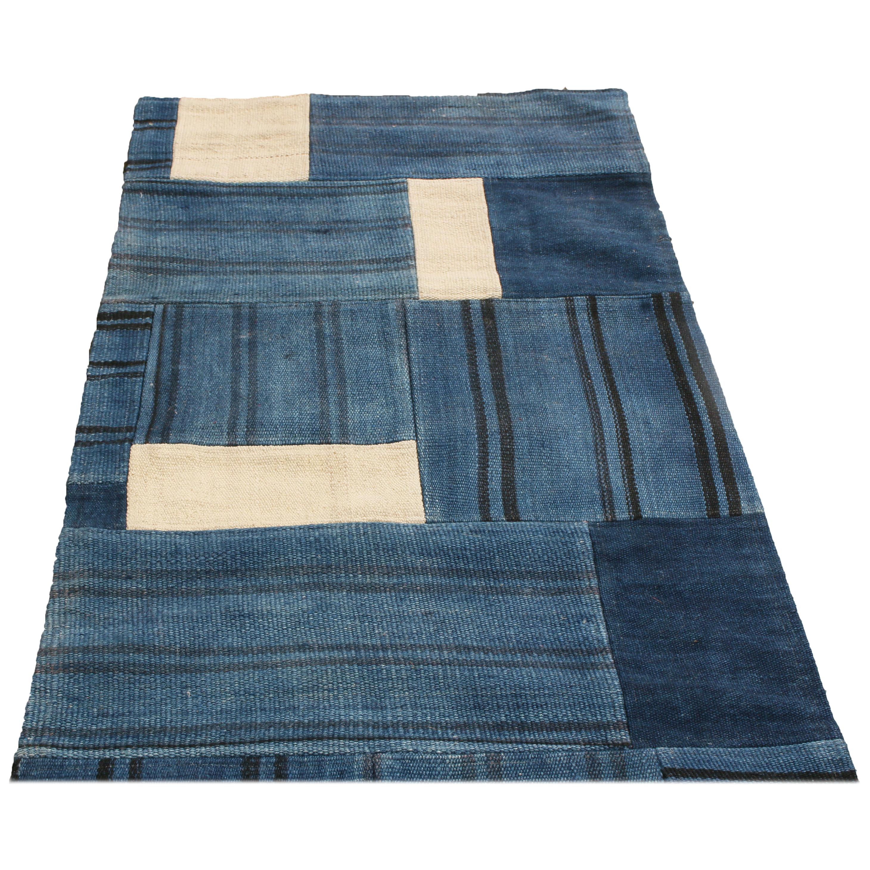 Contemporary Patchwork Blue and White Wool Runner