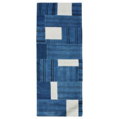 Rug & Kilim's Contemporary Patchwork Blue and White Wool Runner 