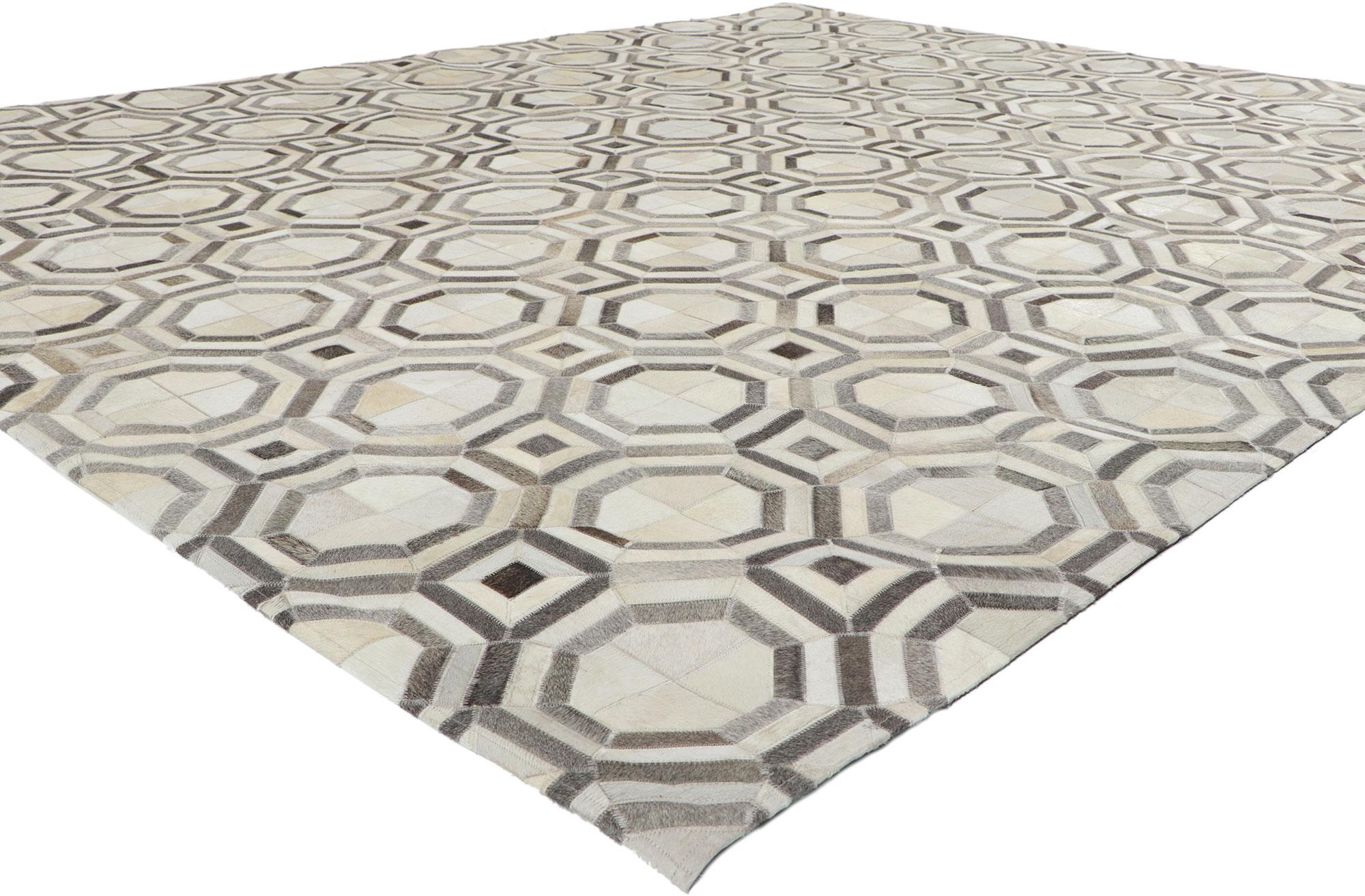 30912 Contemporary Patchwork Cowhide Rug with Modern Style, 08'00 x 09'11. Call the wild indoors and bring a sense of adventure home with this handcrafted cowhide rug. Showcasing a modern design, incredible detail and texture, this leather cowhide