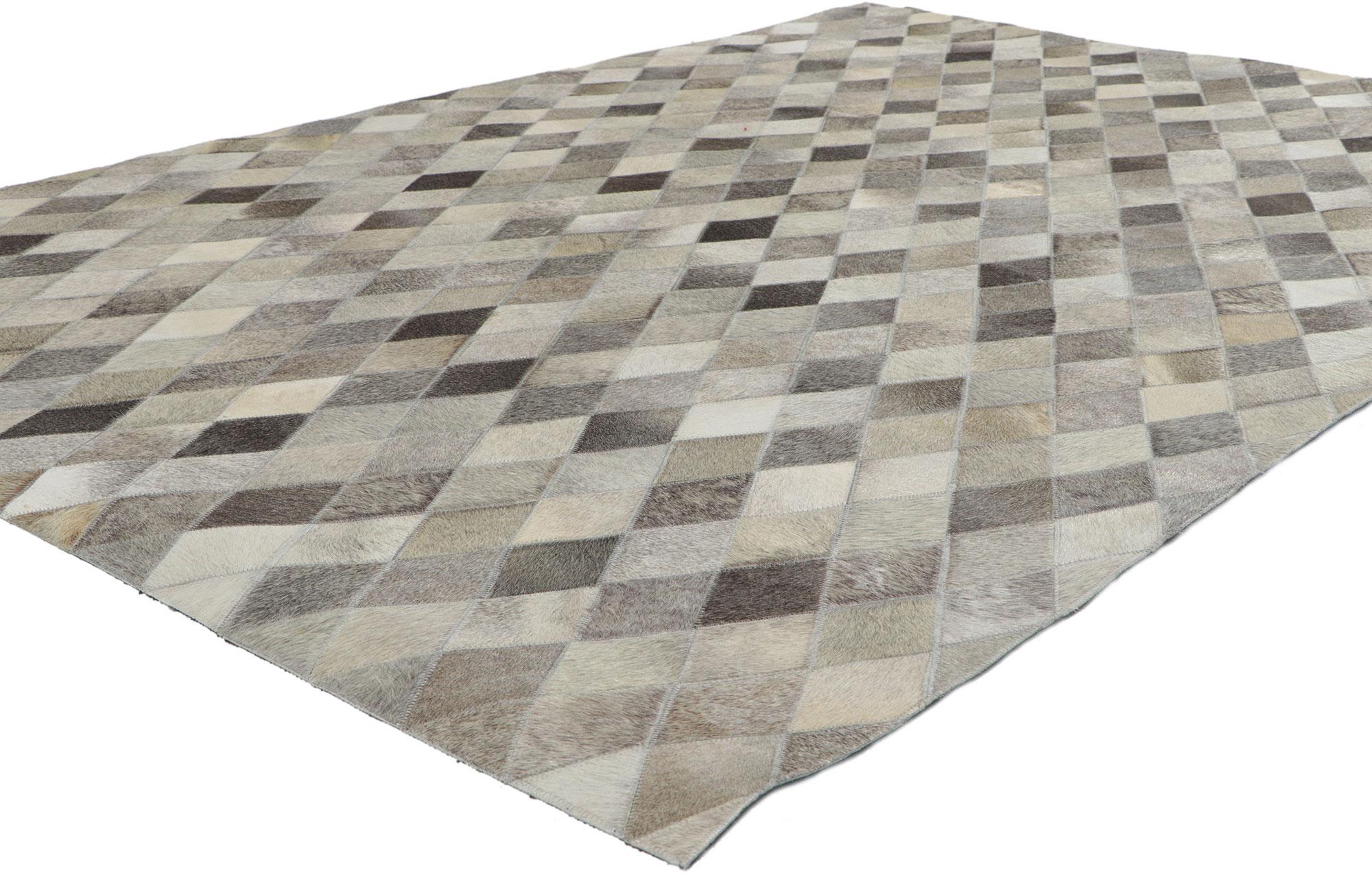 30908 New Contemporary Patchwork Cowhide Rug with Modern Style, 05'00 x 07'05. Call the wild indoors and bring a sense of adventure home with this handcrafted cowhide rug. Showcasing a modern design, incredible detail and texture, this leather