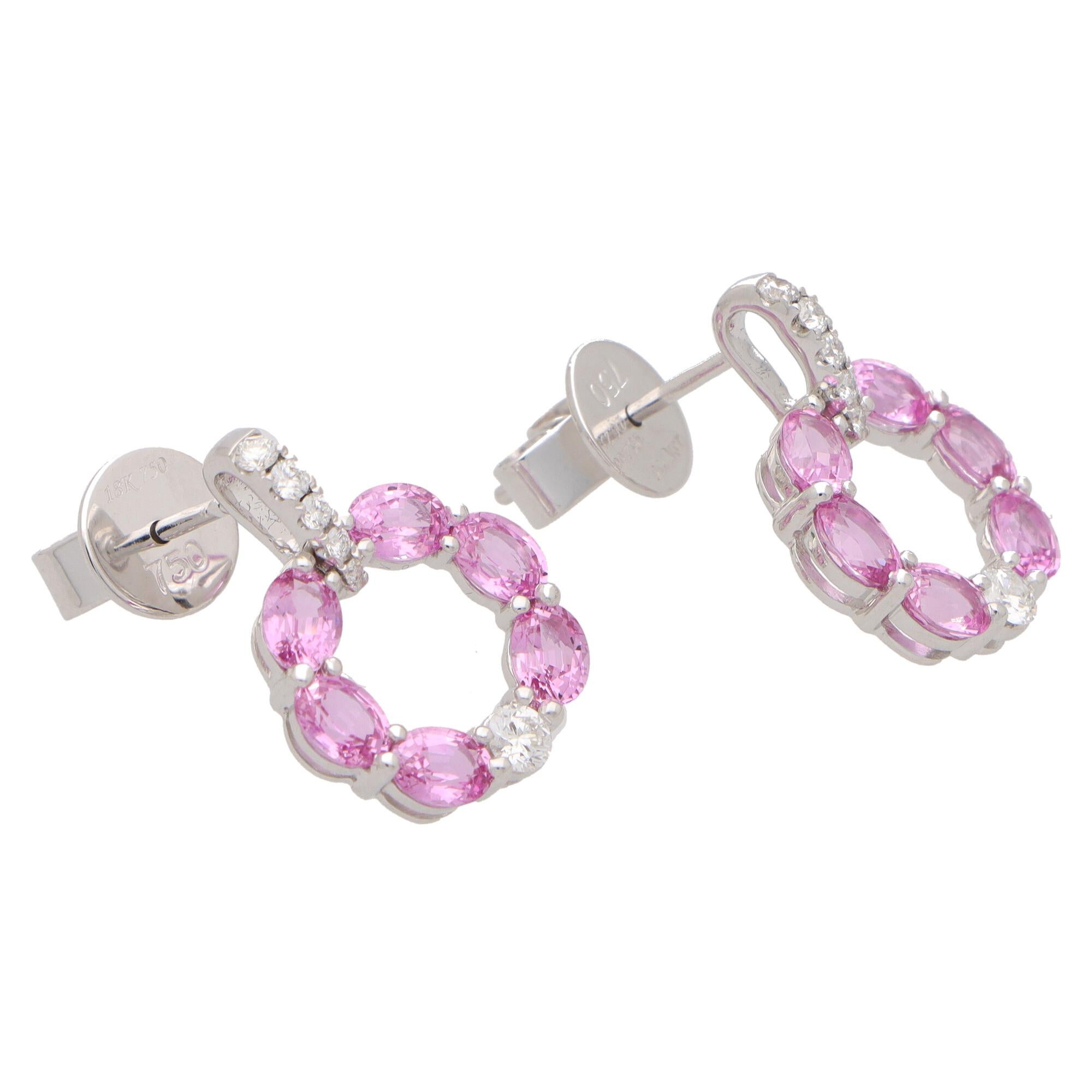 Oval Cut Contemporary Patel Pink Sapphire and Diamond Earrings in 18k White Gold For Sale