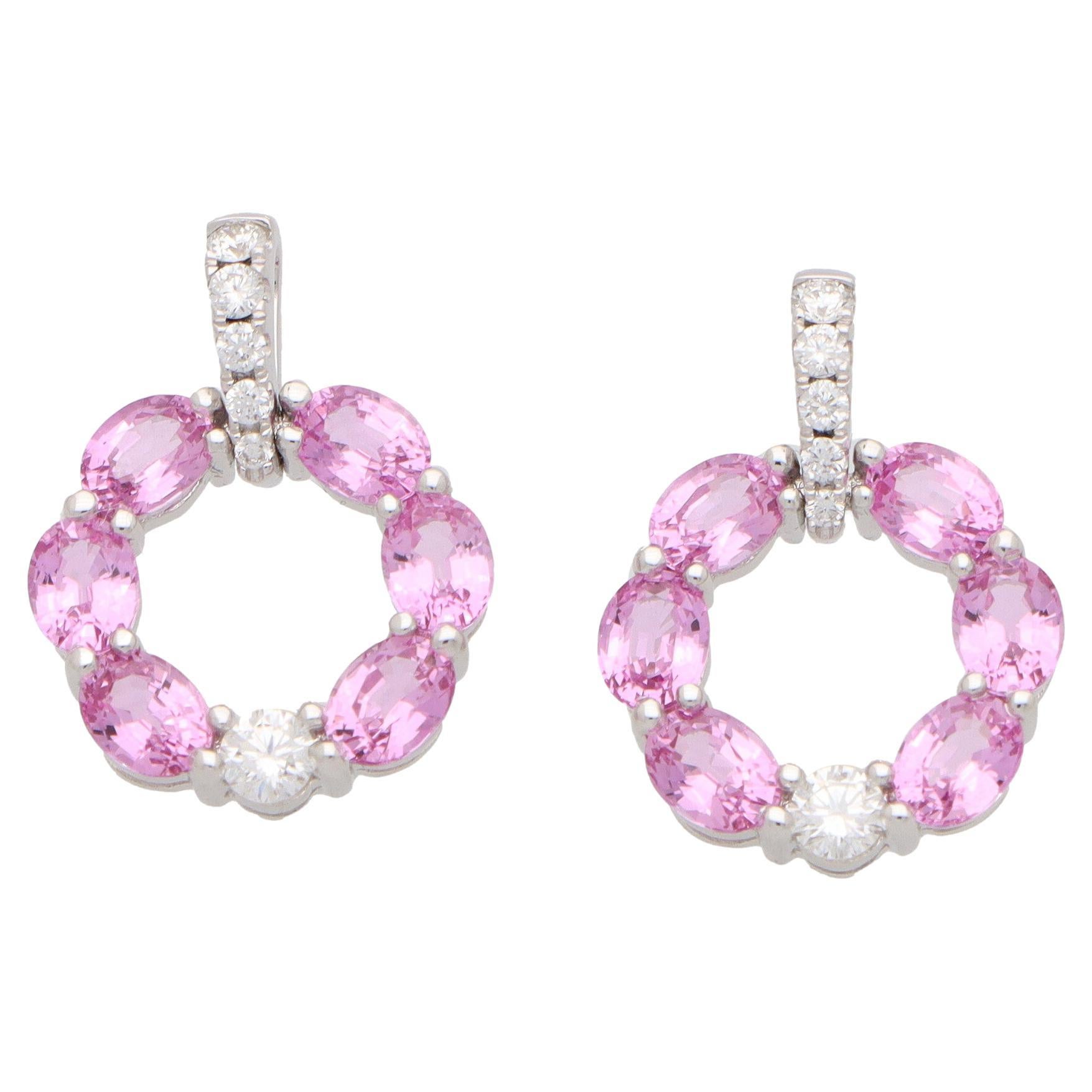 Contemporary Patel Pink Sapphire and Diamond Earrings in 18k White Gold For Sale