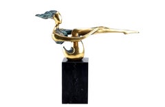 Contemporary Patinated Bronze Statue in Green and Gold on Marble, 20th Century