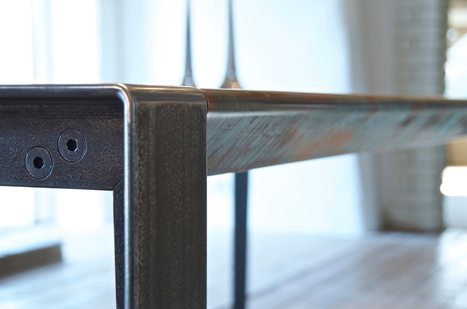 Contemporary Patinated Copper Dining Table, Industrial Steel Legs In Excellent Condition For Sale In London, GB