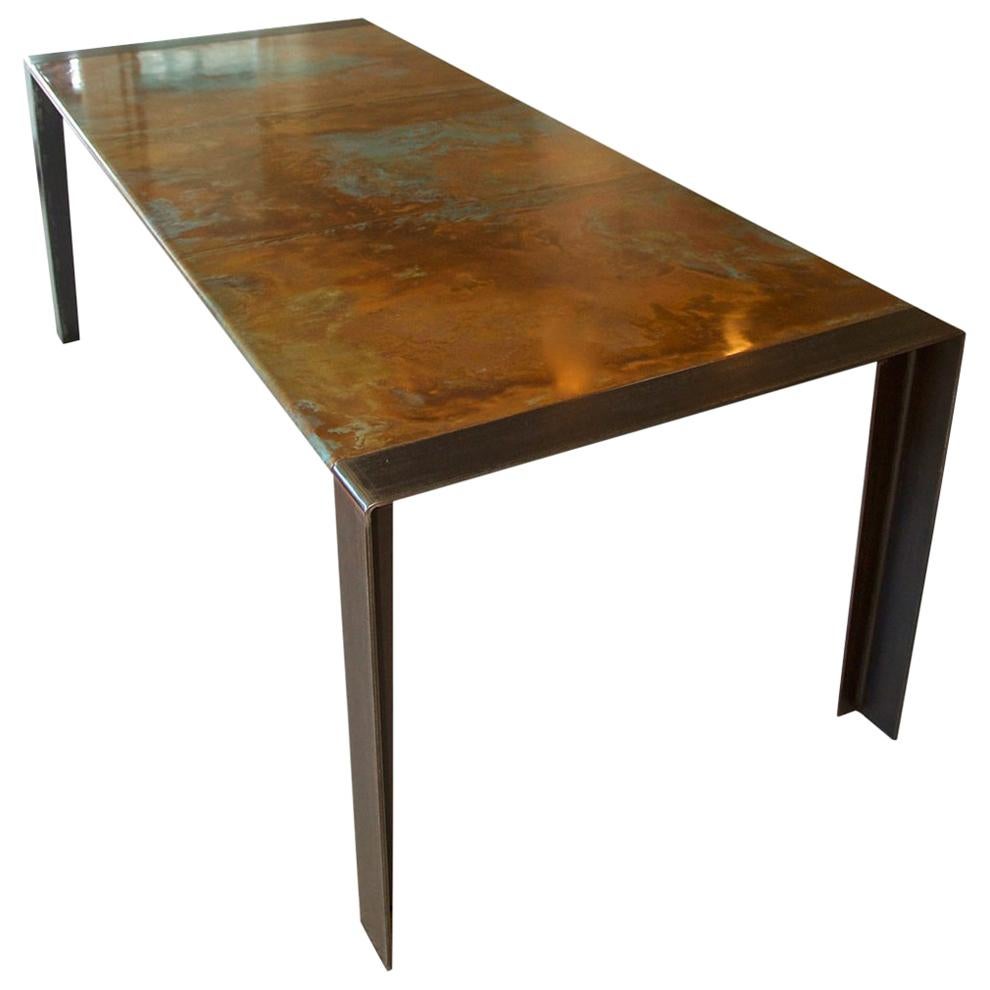 Contemporary Patinated Copper Dining Table, Industrial Steel Legs For Sale