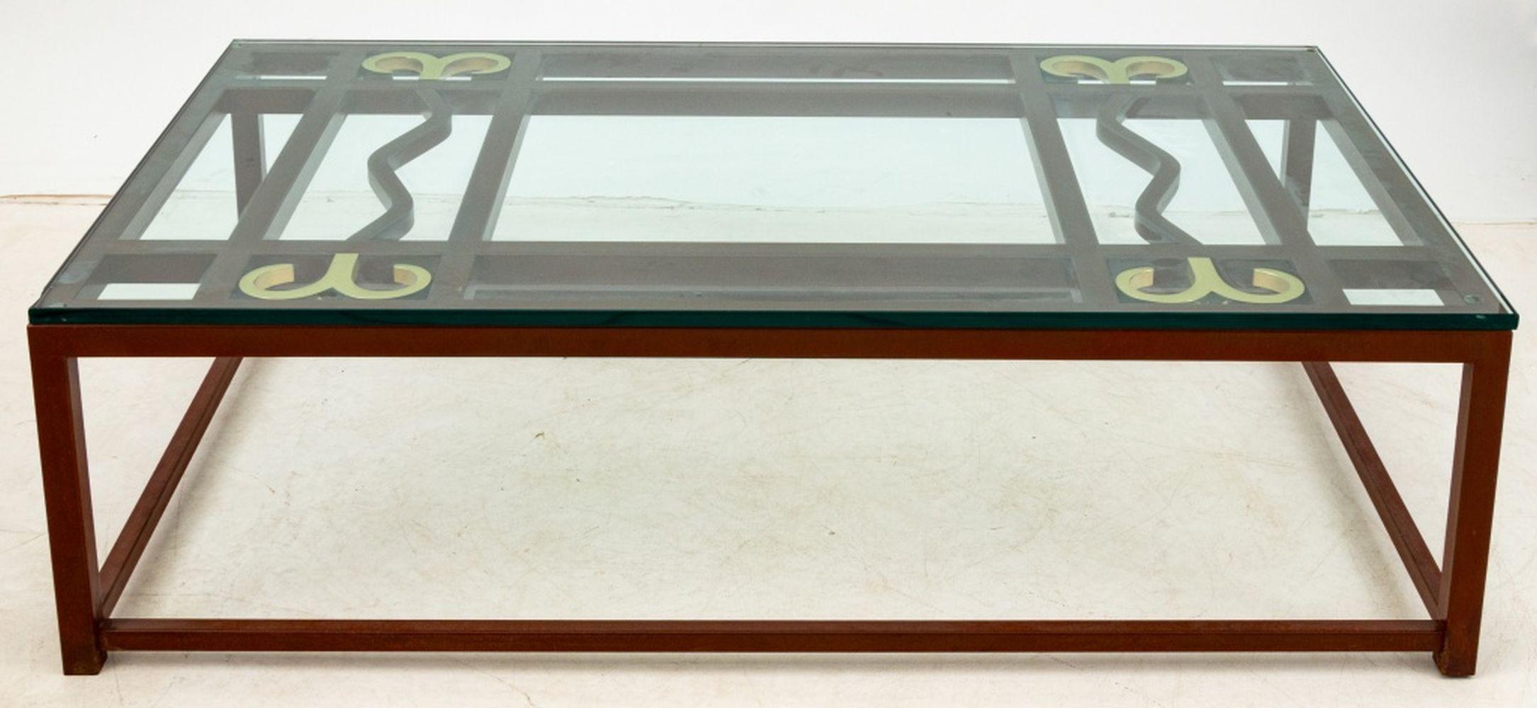 Contemporary Patinated Iron and Brass Glass Top Coffee Table, with open fretwork to the top. 17