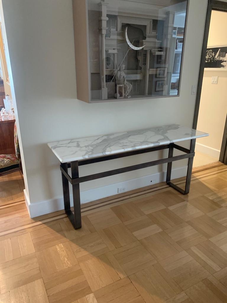 Minimalist Contemporary Patinated Stainless Steel Console with Marble Top by Scott Gordon For Sale