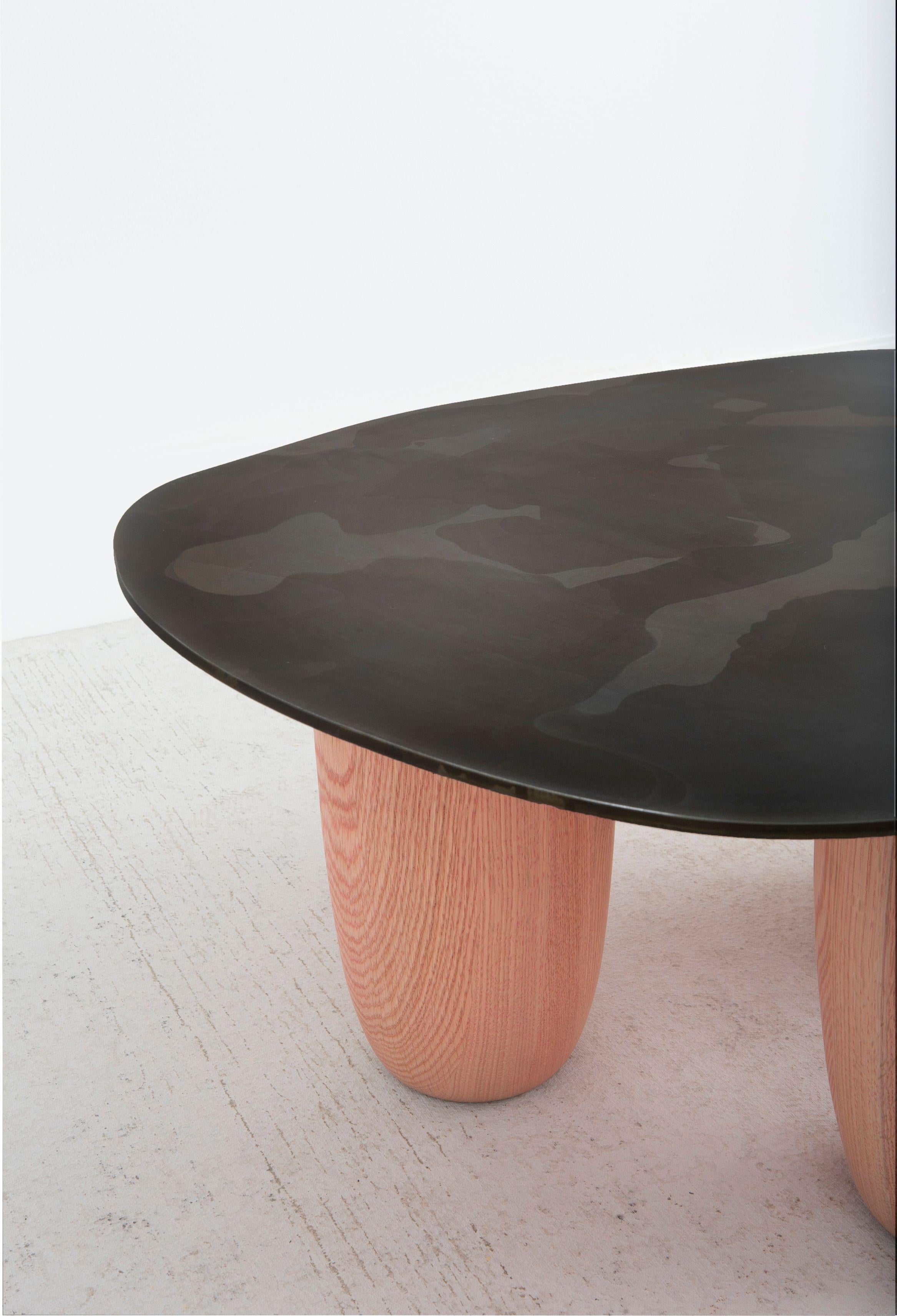 Minimalist Contemporary Patinated Steel and Solid Oak Low Tables by Vivian Carbonell For Sale