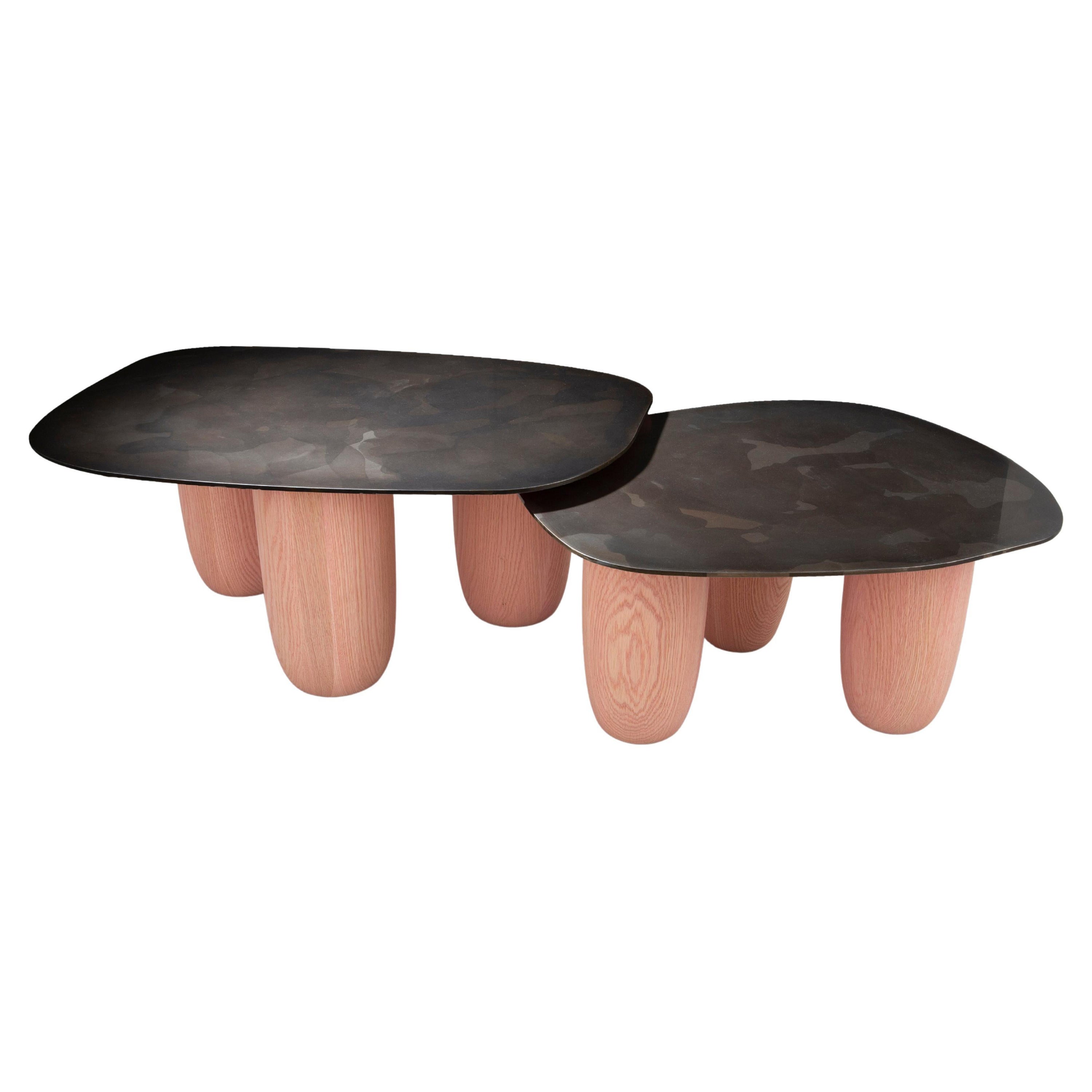 Contemporary Patinated Steel and Solid Oak Low Tables by Vivian Carbonell For Sale