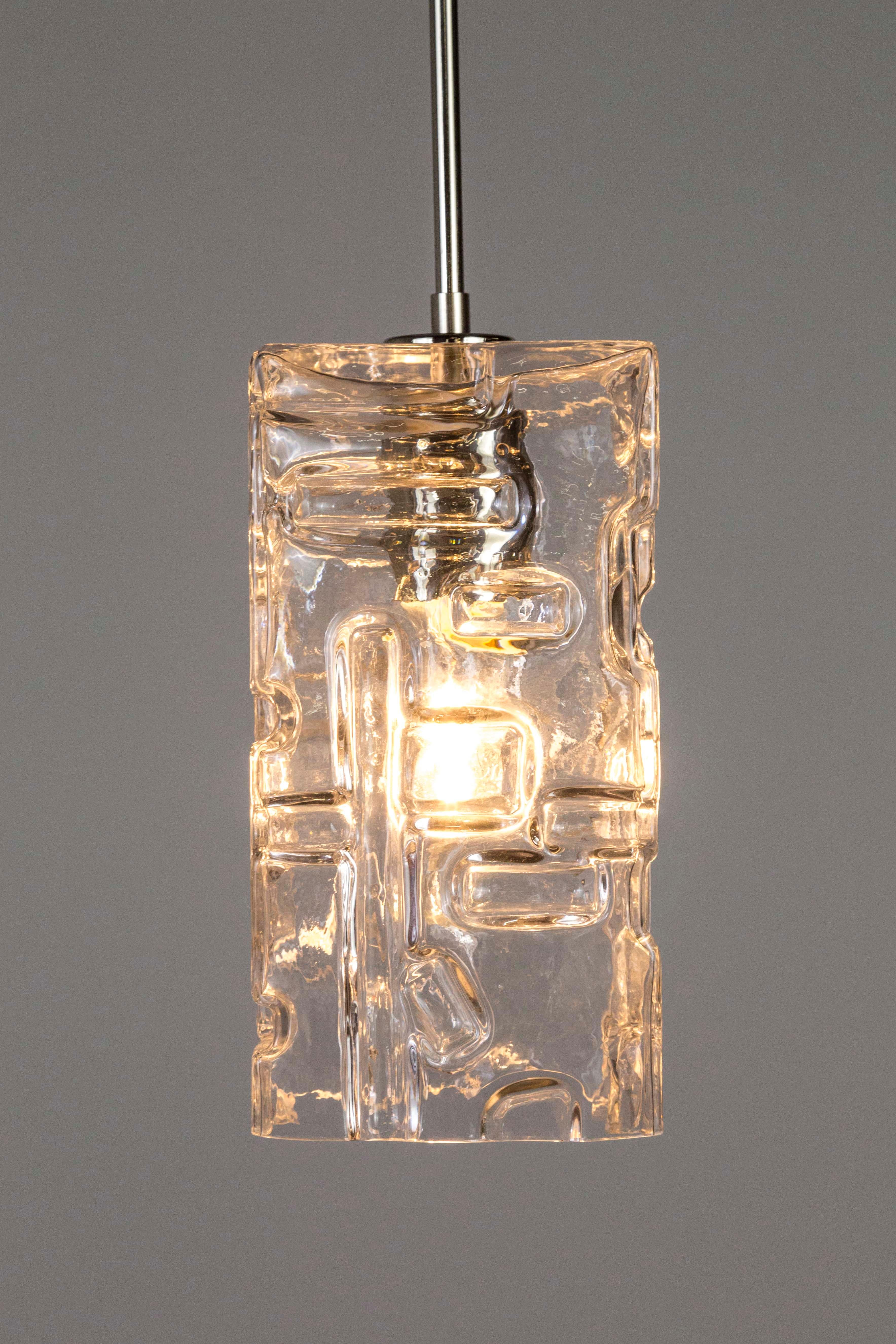 Contemporary Patterned Molded Glass Pendant with Brass Stem '3 Finishes' For Sale 2
