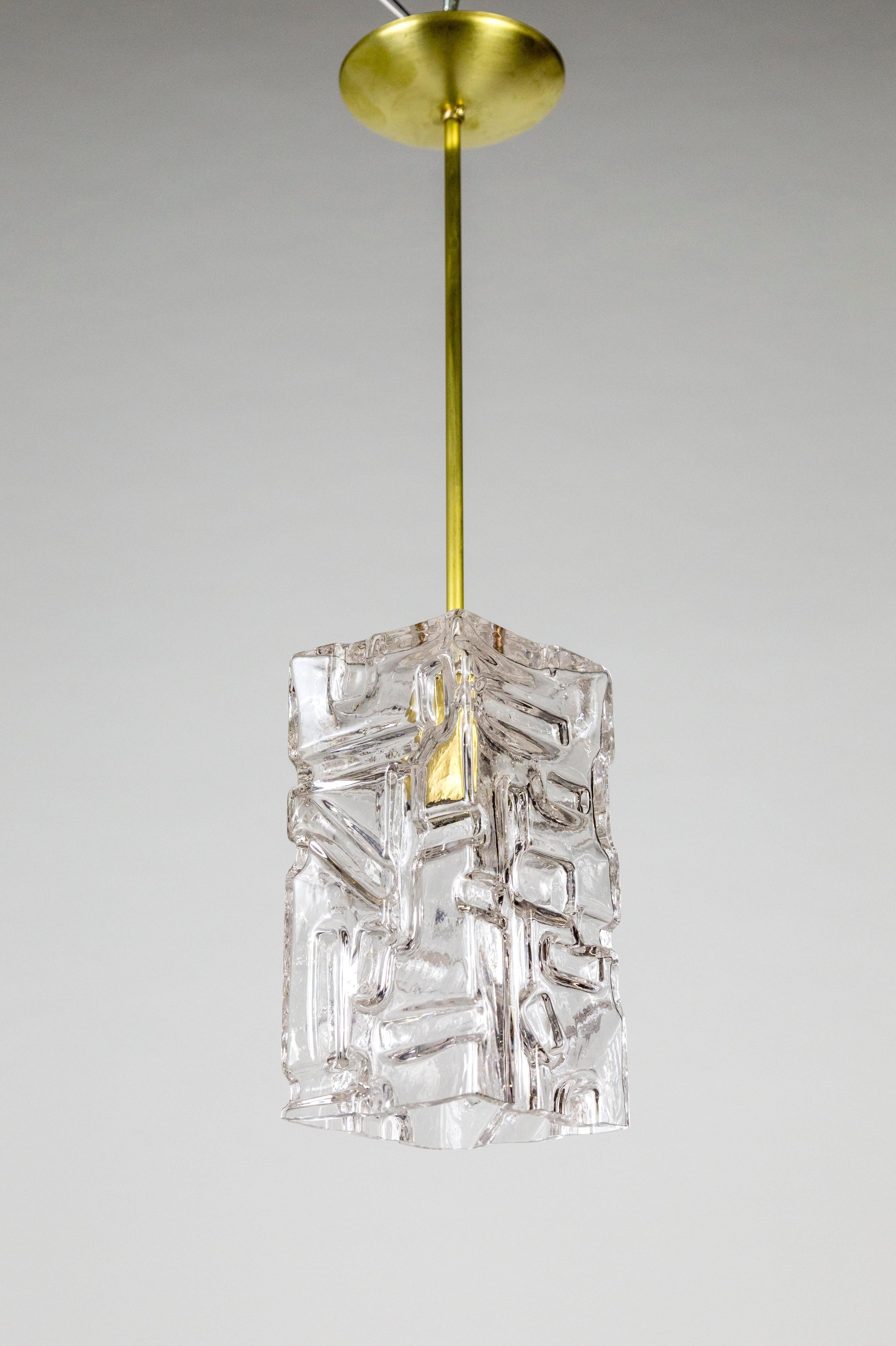 Contemporary Patterned Molded Glass Pendant with Brass Stem '3 Finishes' For Sale 5
