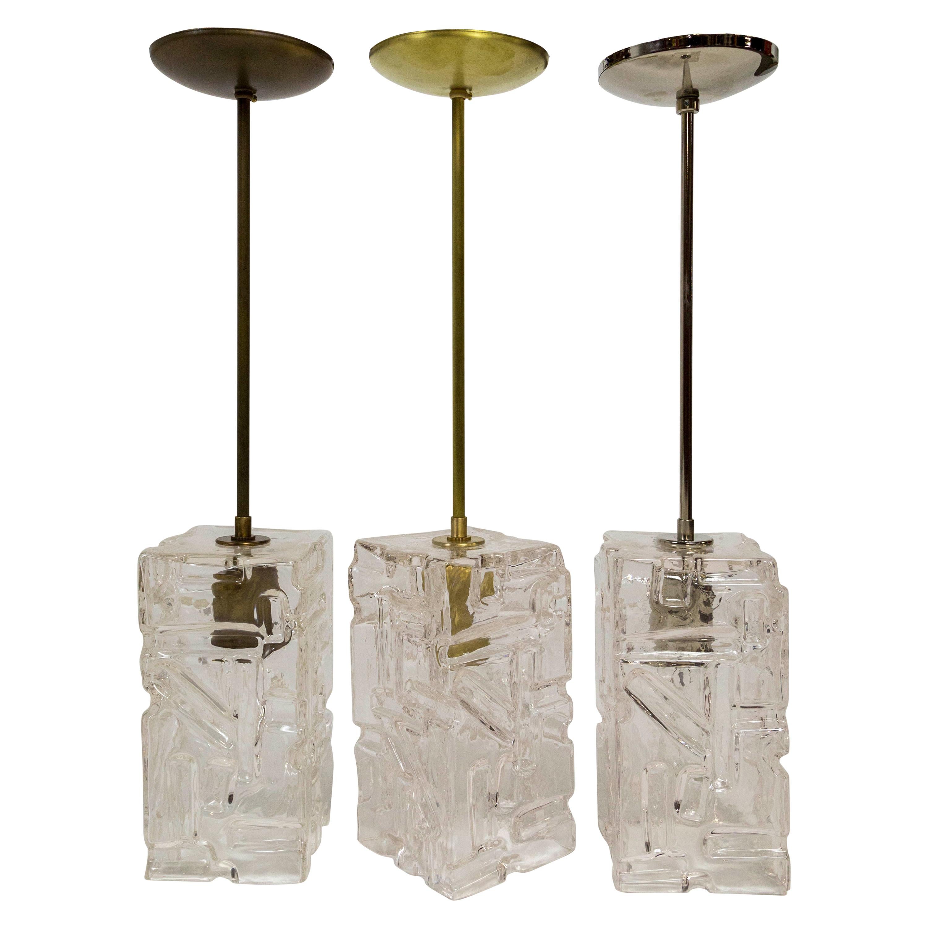 Contemporary Patterned Molded Glass Pendant with Brass Stem '3 Finishes' For Sale