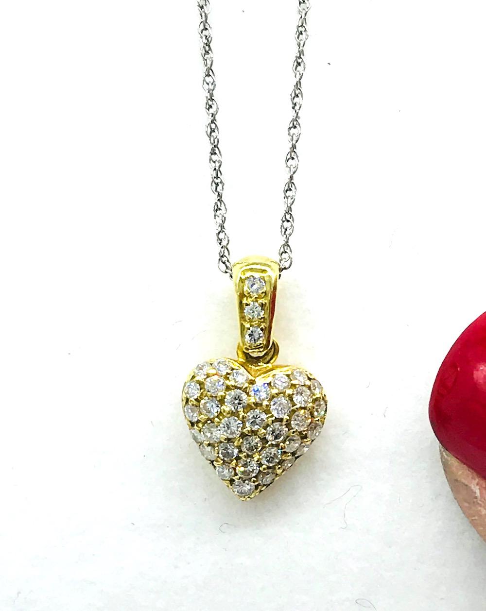 Round Cut Contemporary, Pave 1 Carat Diamond Heart, 18 Karat Pendant For Sale