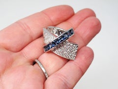 Contemporary Pave Diamond and Blue Sapphire Crossover X-Band Ring 14 Karat Gold