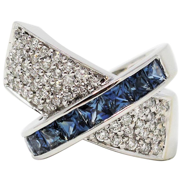 Contemporary Pave Diamond and Blue Sapphire Crossover X-Band Ring 14 Karat Gold