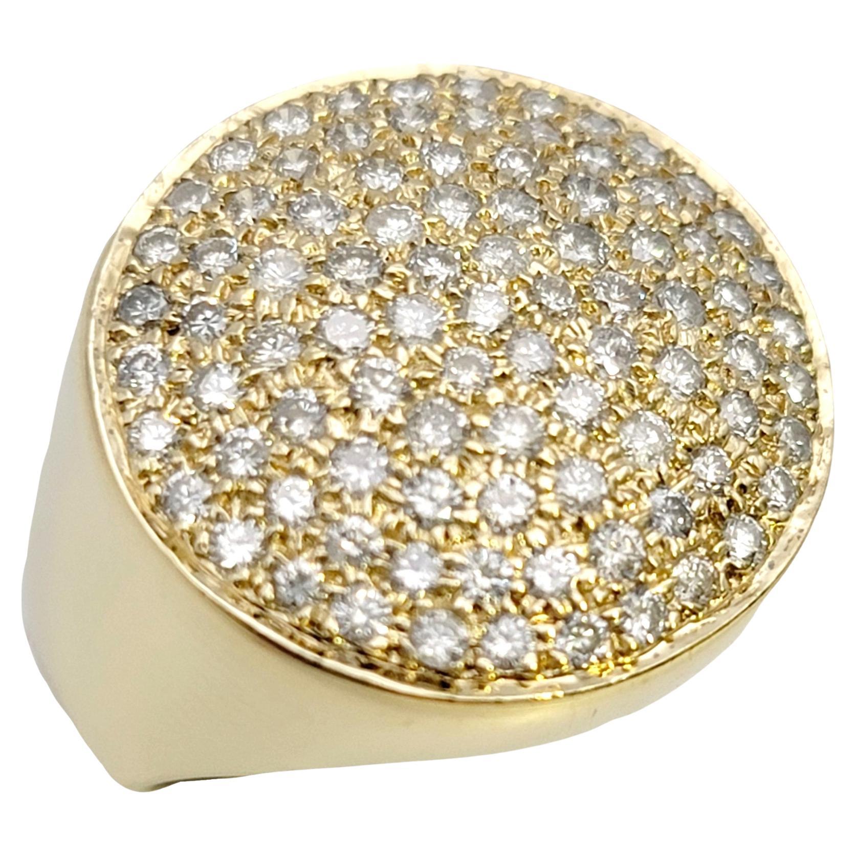 Ring size: 7

This bright, modern diamond disc ring absolutely glows on the finger. The shimmering stones on this fabulous statement ring give off an elegant, contemporary look without being over the top. You will wear it again and again!