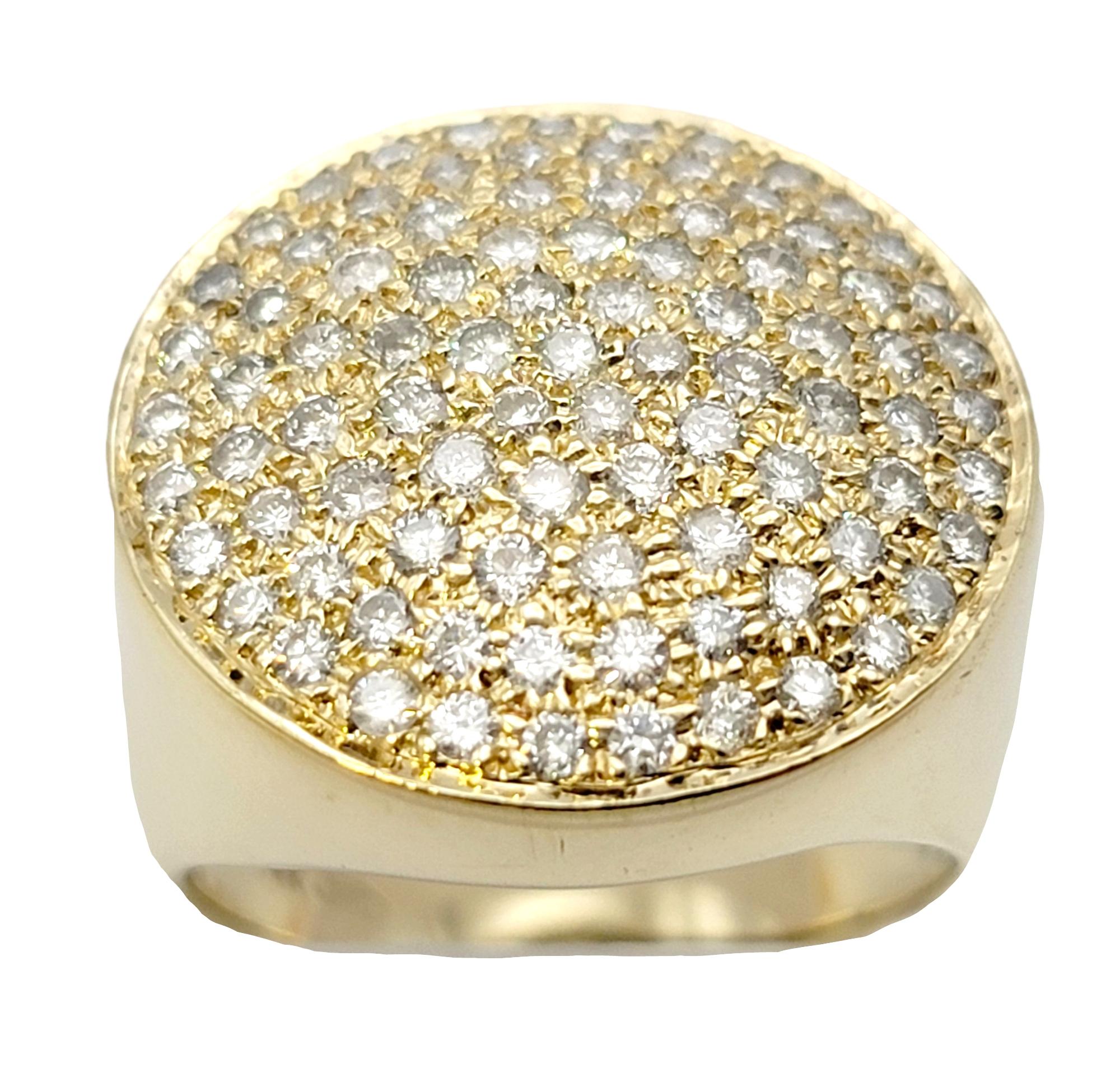 Round Cut Contemporary Pave Diamond Circles Disc Cocktail Ring in 14 Karat Yellow Gold For Sale