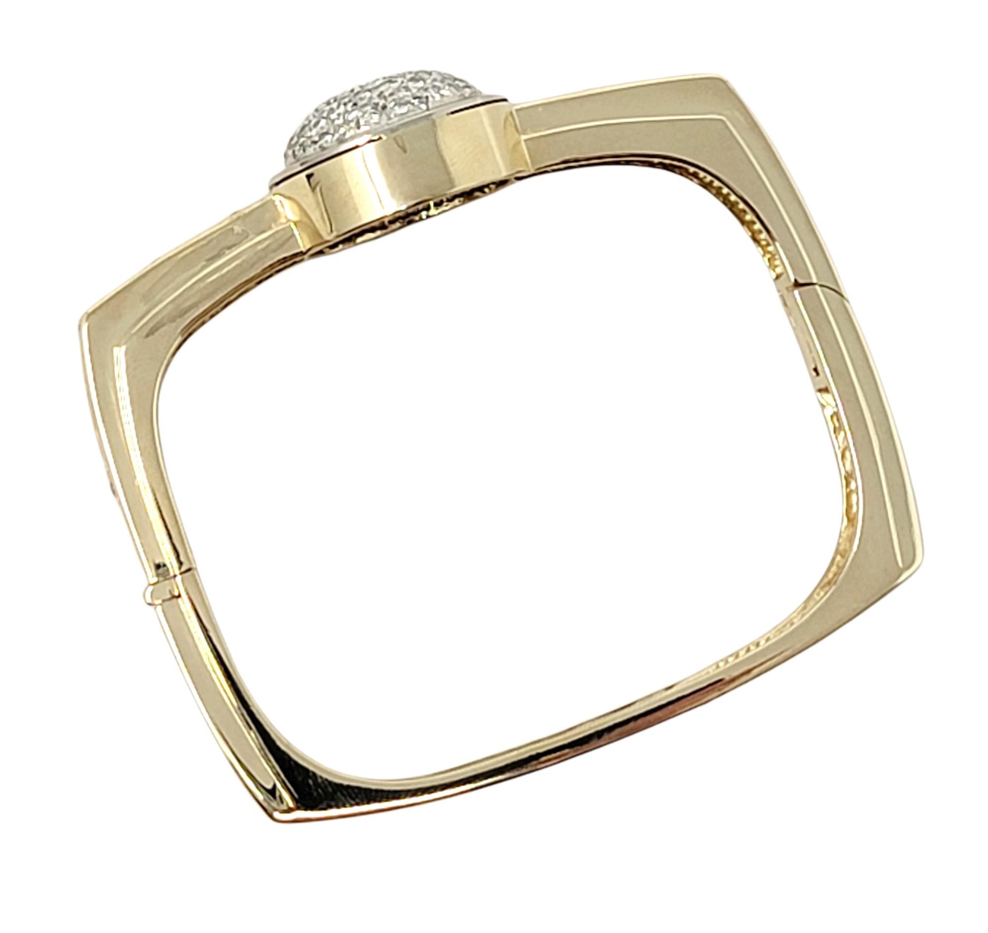 Contemporary Pave Diamond Dome Squared Hinged Bangle Bracelet in 14 Karat Gold For Sale 4