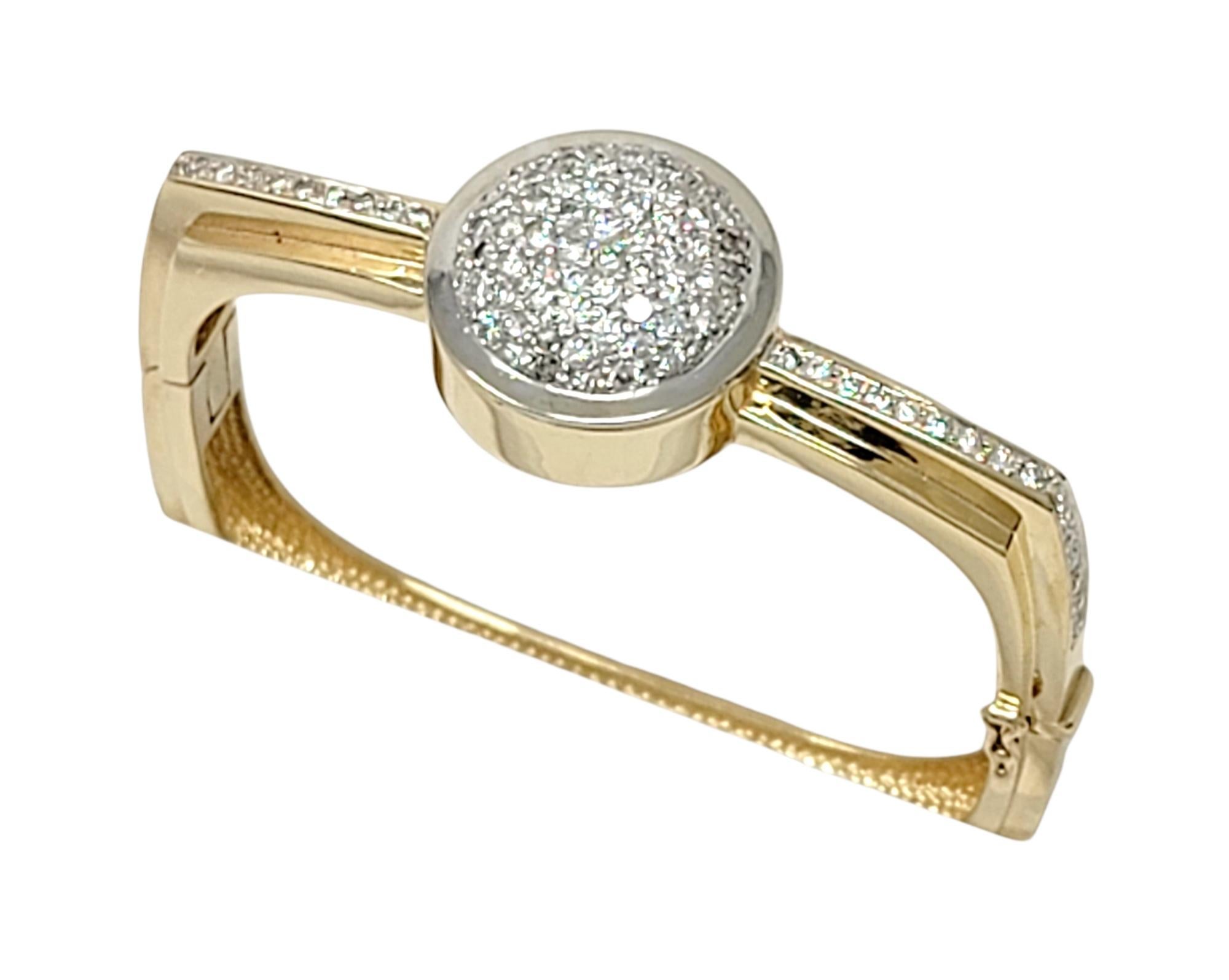 Round Cut Contemporary Pave Diamond Dome Squared Hinged Bangle Bracelet in 14 Karat Gold For Sale