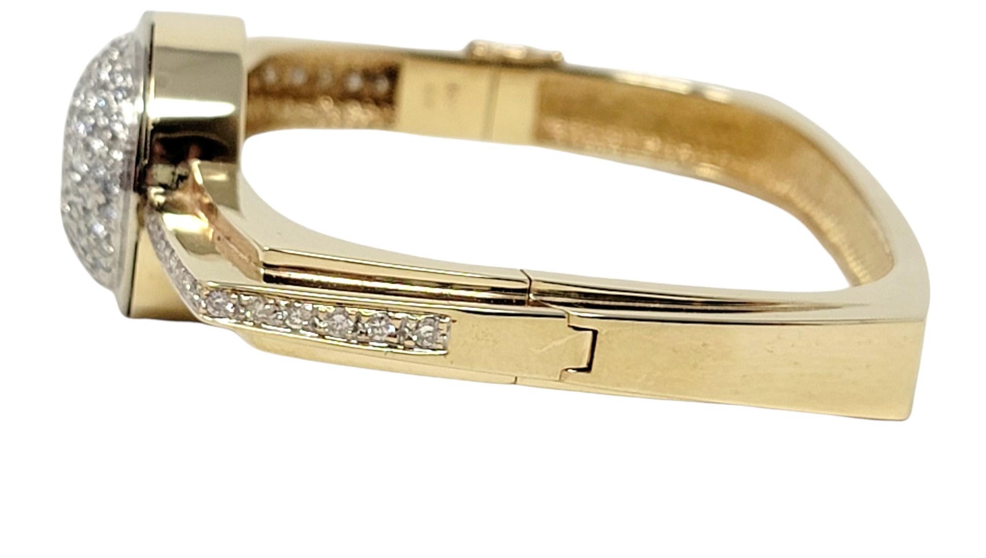 Contemporary Pave Diamond Dome Squared Hinged Bangle Bracelet in 14 Karat Gold For Sale 2