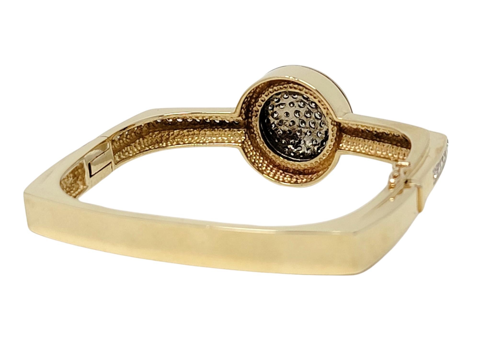 Contemporary Pave Diamond Dome Squared Hinged Bangle Bracelet in 14 Karat Gold For Sale 3