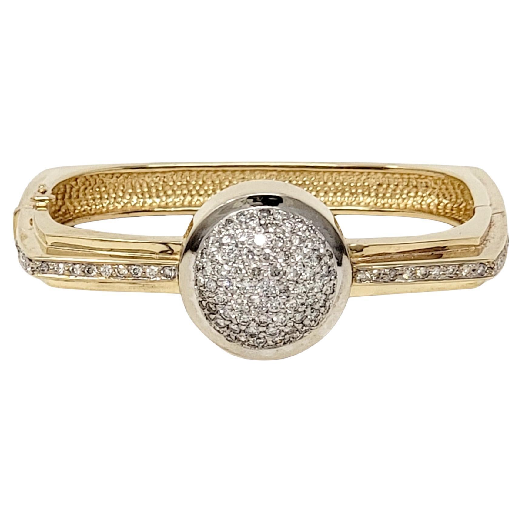 Contemporary Pave Diamond Dome Squared Hinged Bangle Bracelet in 14 Karat Gold For Sale