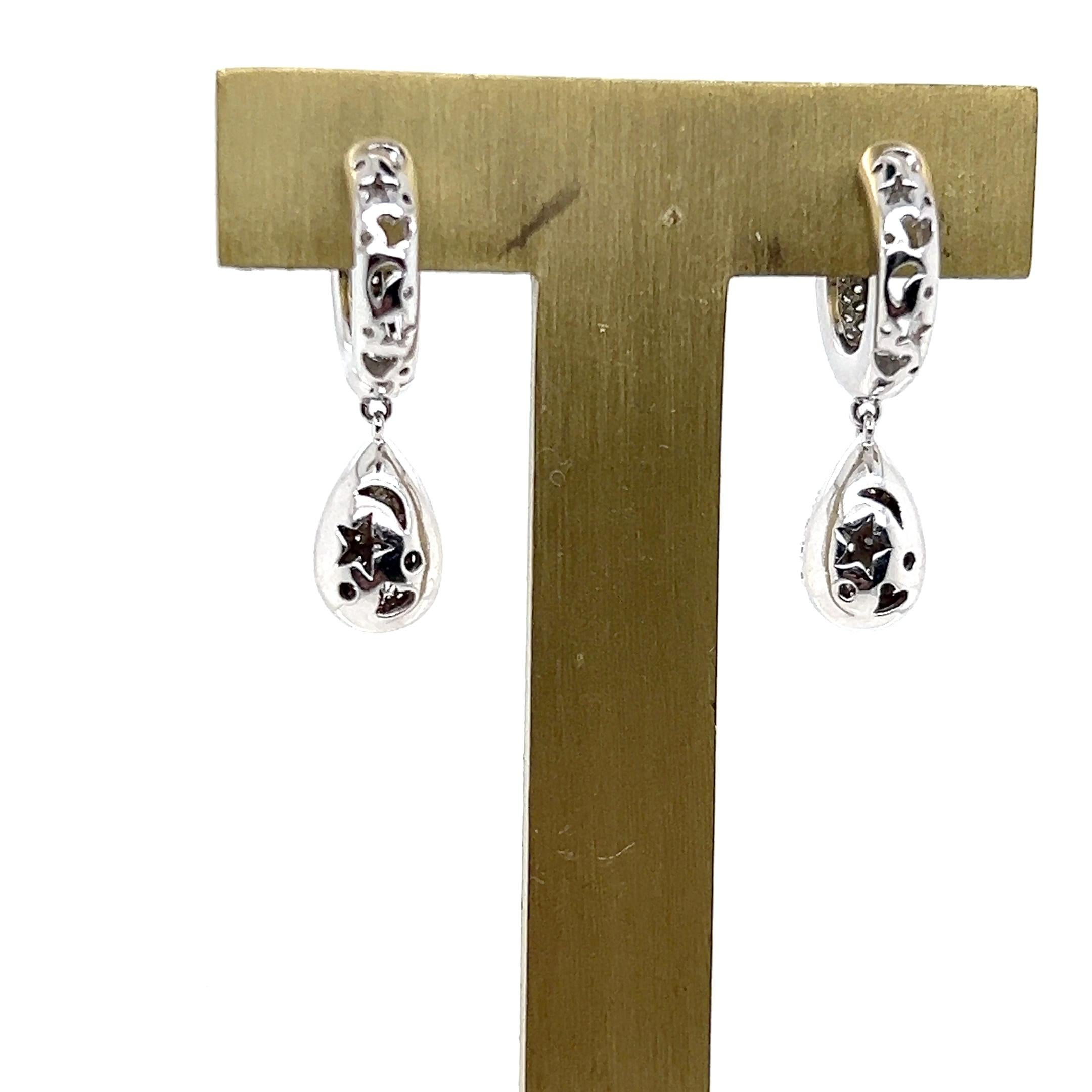 Contemporary Pave Diamond, Heart, Star & Moon White Gold Drop Earrings For Sale 4
