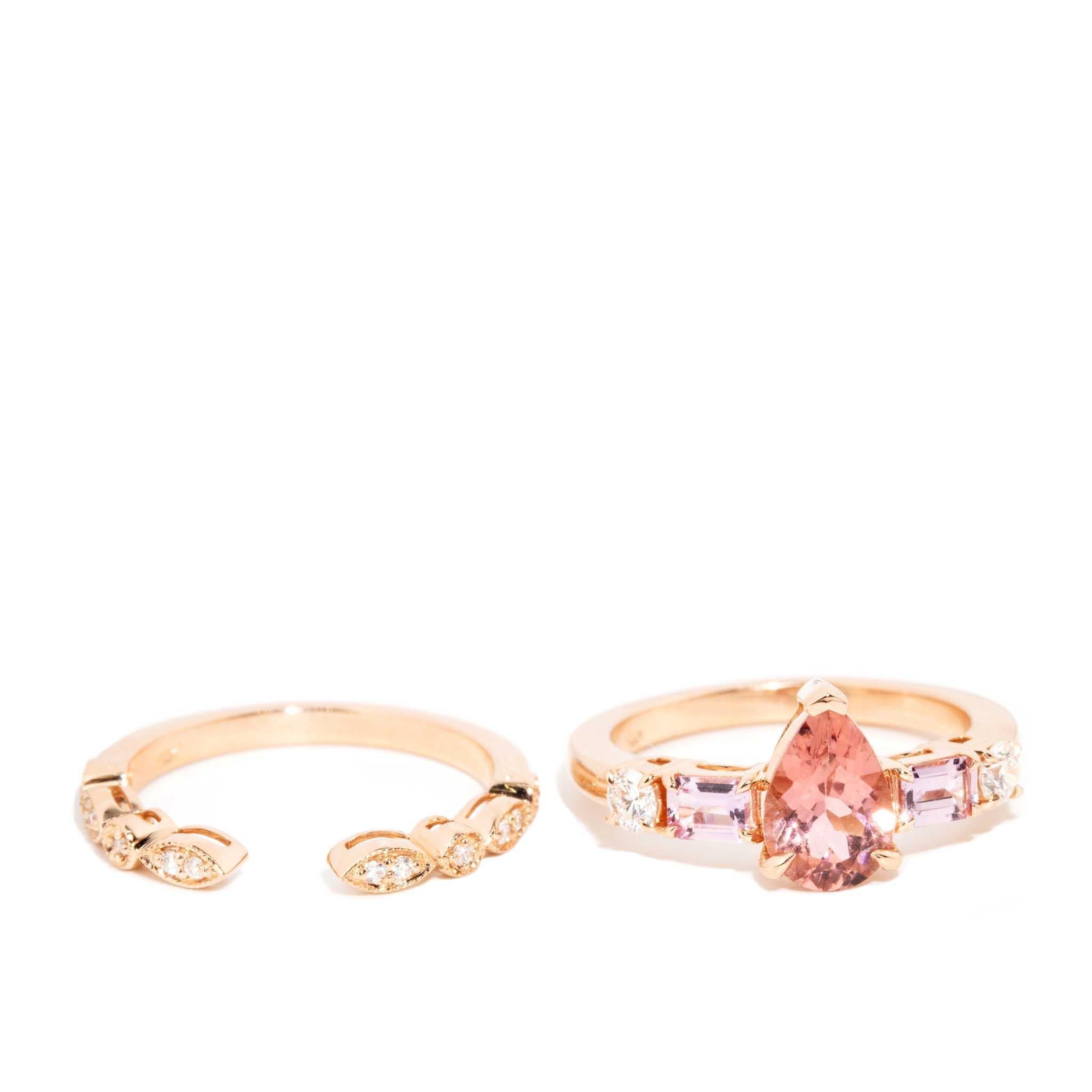 Contemporary Peach Pear Tourmaline Sapphire & Diamond Ring 18 Carat Rose Gold For Sale 5