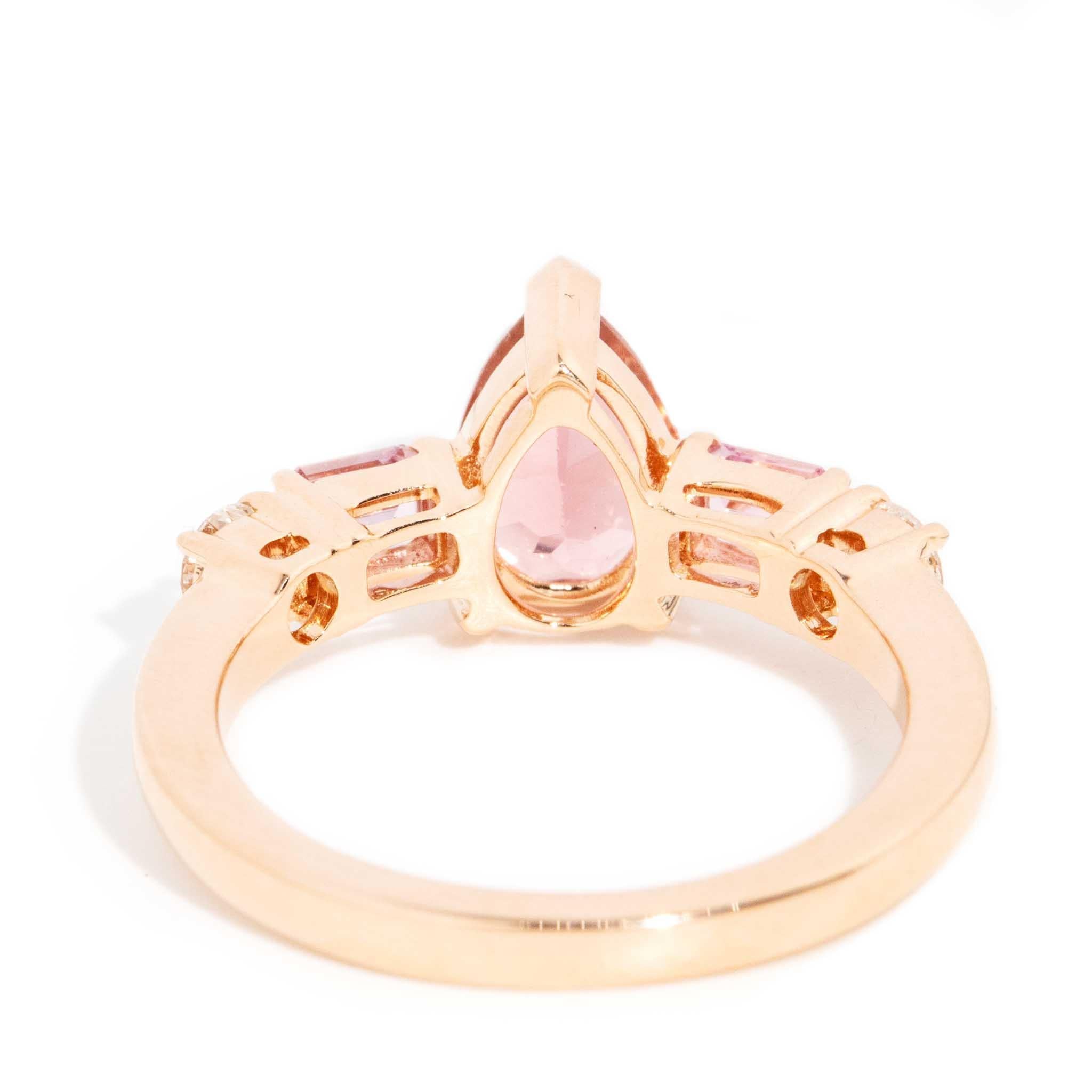 Contemporary Peach Pear Tourmaline Sapphire & Diamond Ring 18 Carat Rose Gold For Sale 7