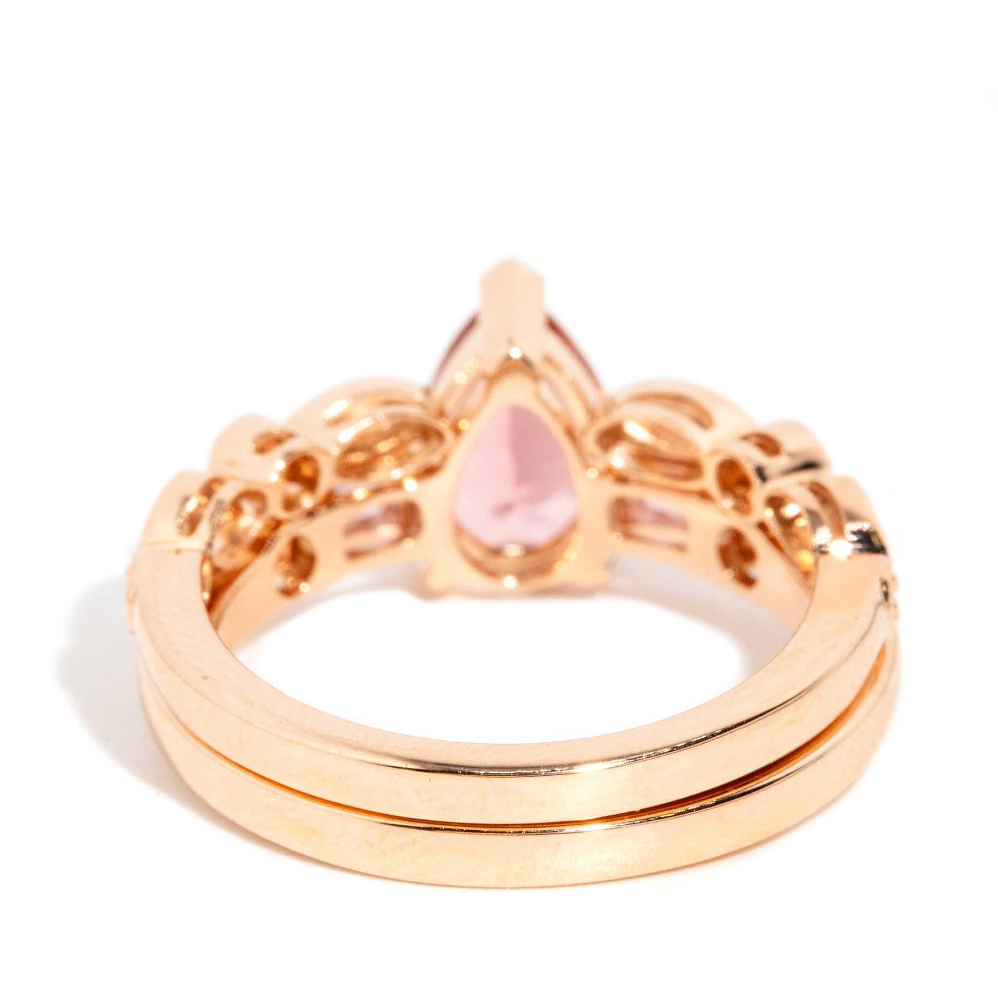 Contemporary Peach Pear Tourmaline Sapphire & Diamond Ring 18 Carat Rose Gold For Sale 9