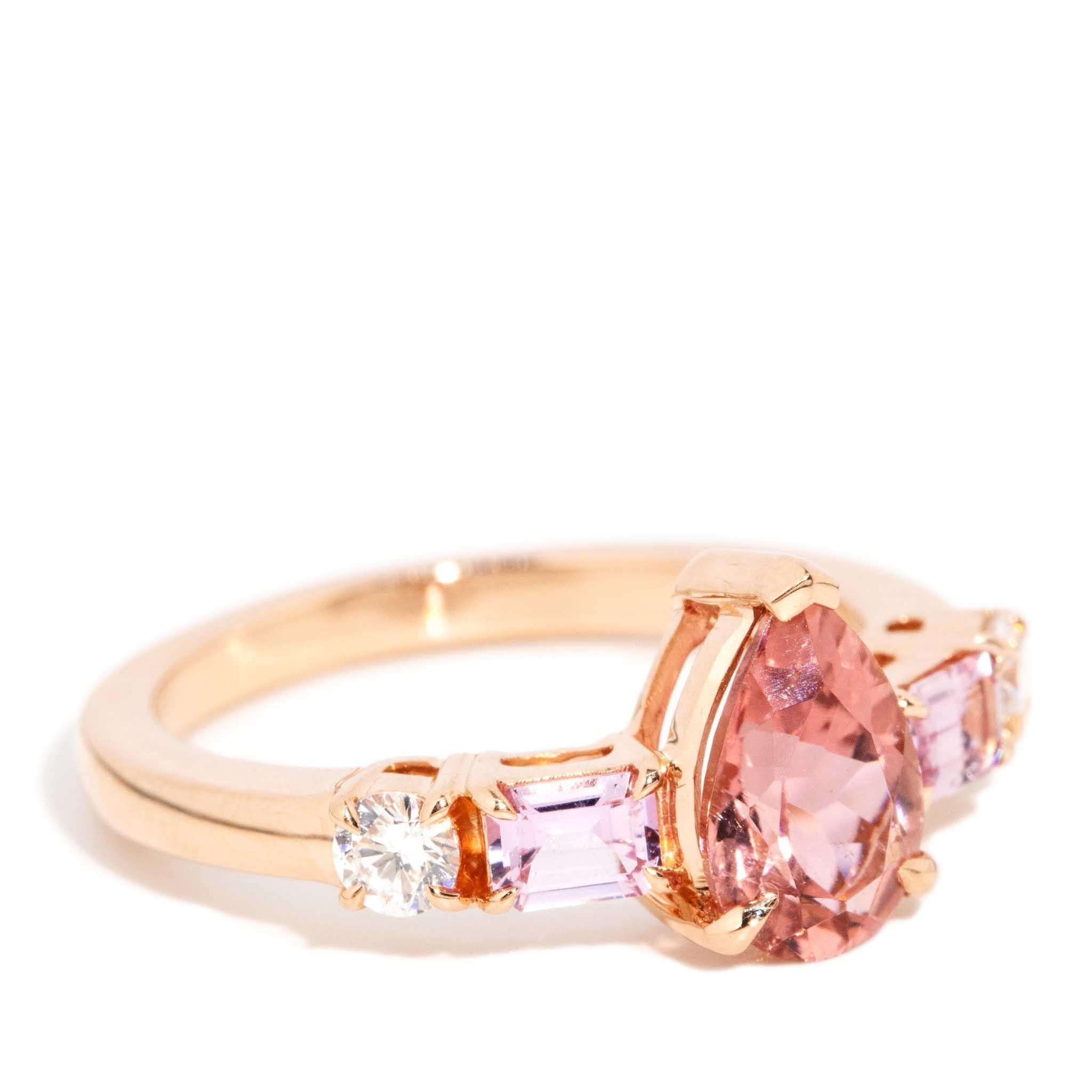 Women's Contemporary Peach Pear Tourmaline Sapphire & Diamond Ring 18 Carat Rose Gold For Sale
