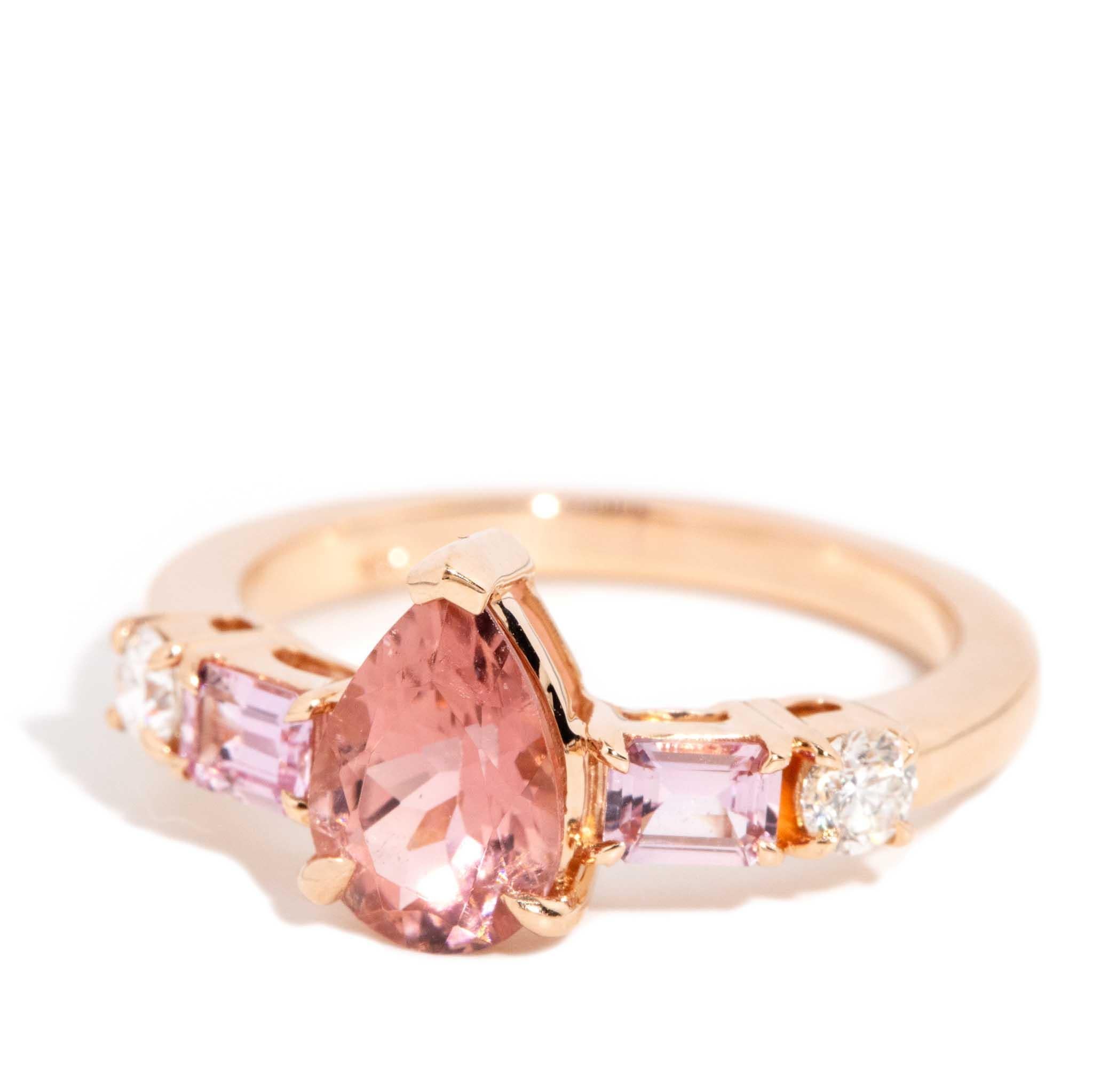 Contemporary Peach Pear Tourmaline Sapphire & Diamond Ring 18 Carat Rose Gold For Sale 3
