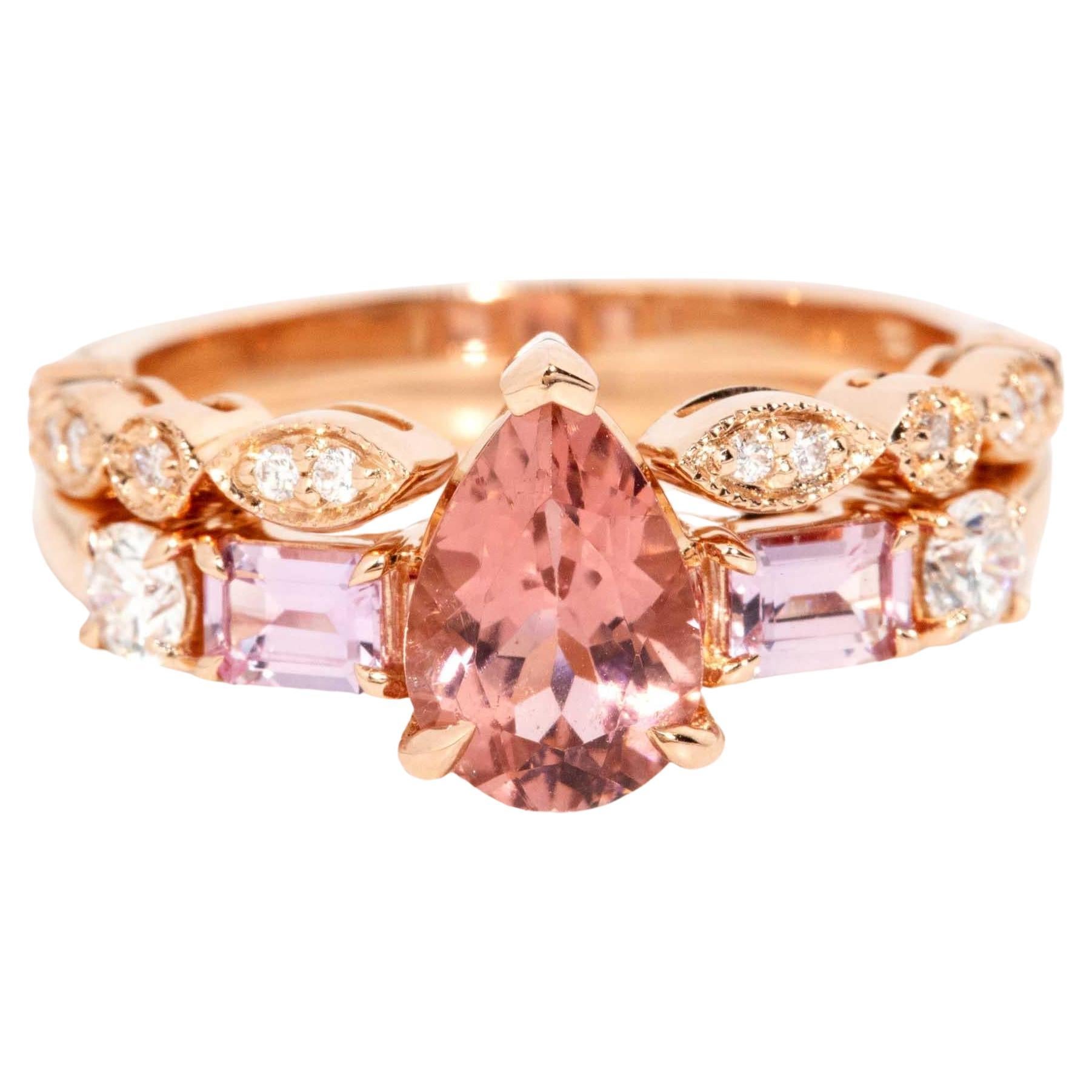 Contemporary Peach Pear Tourmaline Sapphire & Diamond Ring 18 Carat Rose Gold