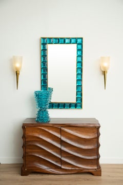 Contemporary Peacock Blue Diamond Murano Glass Mirror, in Stock