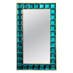 Contemporary Peacock Blue Diamond Murano Glass Mirror, in Stock