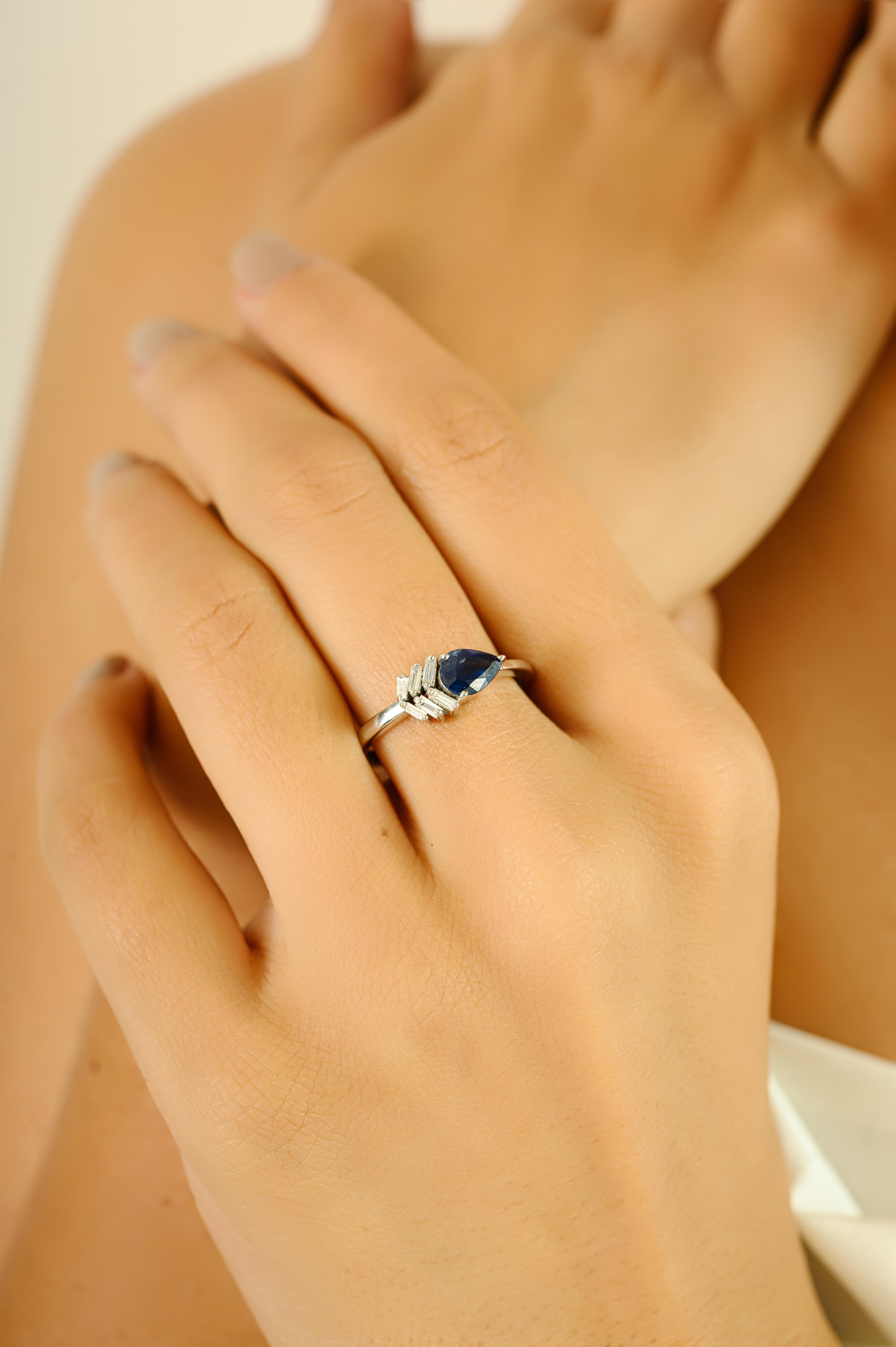 For Sale:  Contemporary Pear-Cut Blue Sapphire and Baguette Diamond Ring in 18k White Gold 2