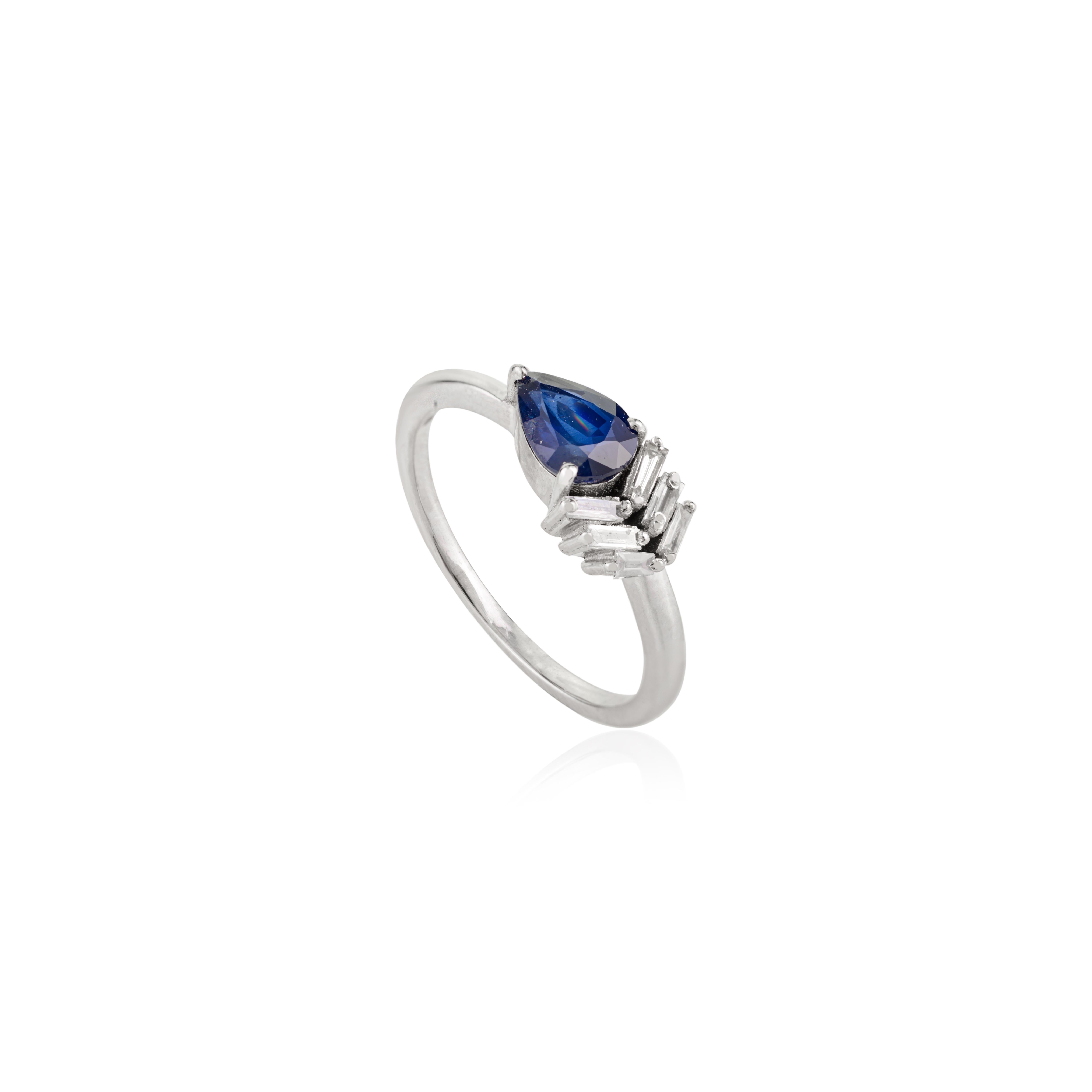 For Sale:  Contemporary Pear-Cut Blue Sapphire and Baguette Diamond Ring in 18k White Gold 3