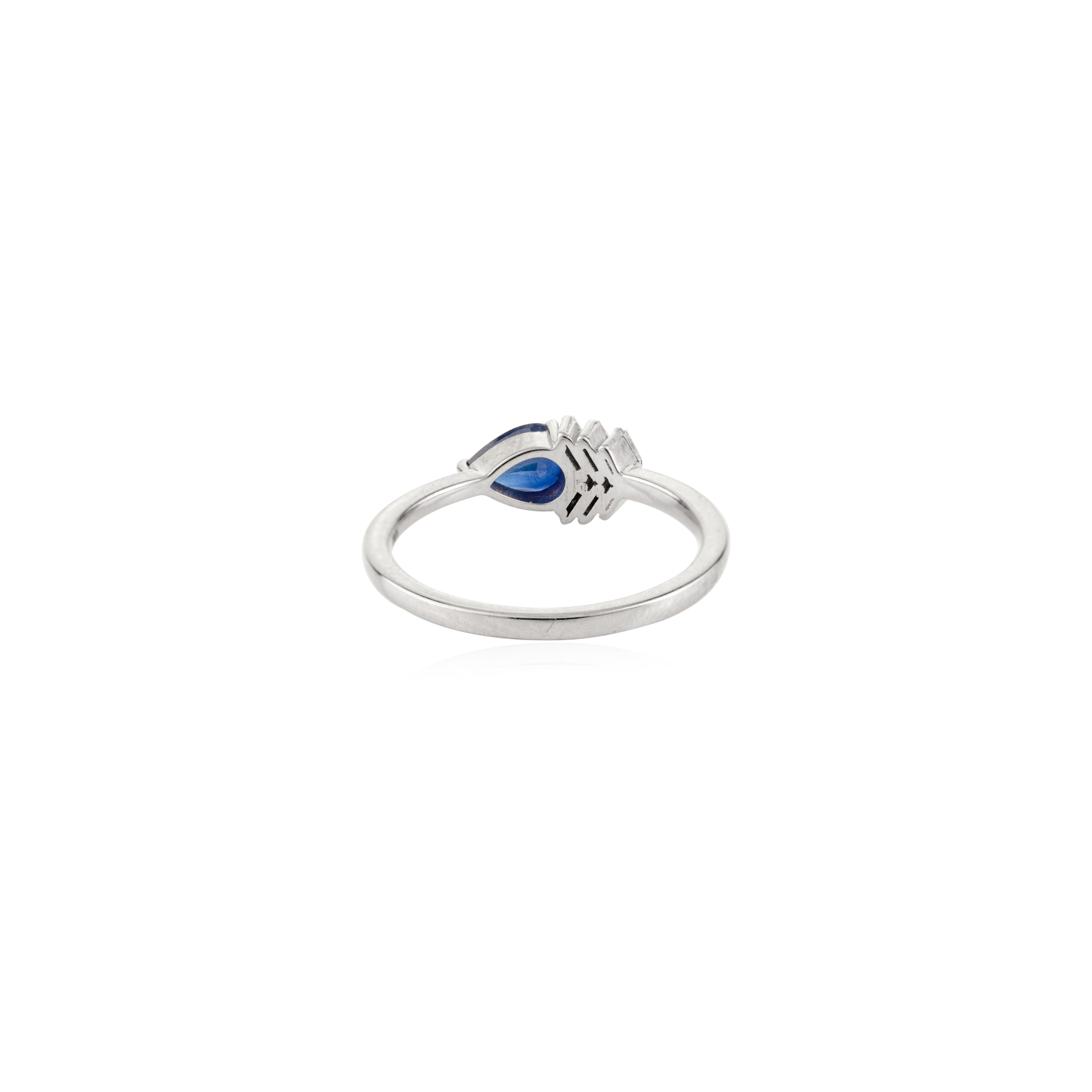 For Sale:  Contemporary Pear-Cut Blue Sapphire and Baguette Diamond Ring in 18k White Gold 5