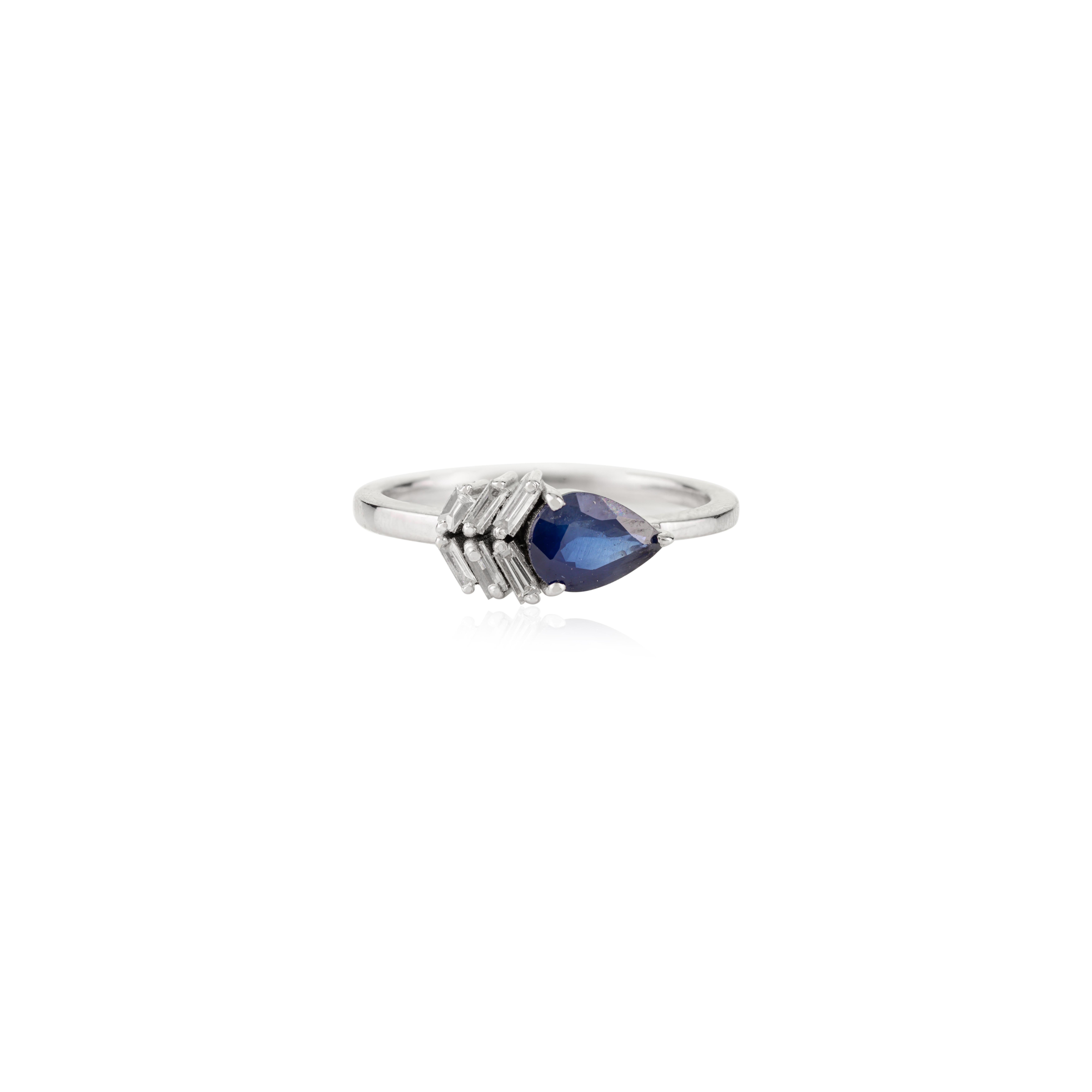 For Sale:  Contemporary Pear-Cut Blue Sapphire and Baguette Diamond Ring in 18k White Gold 7