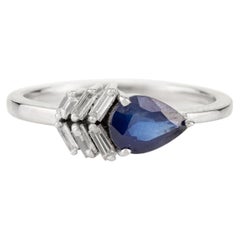 Contemporary Pear-Cut Blue Sapphire and Baguette Diamond Ring in 18k White Gold