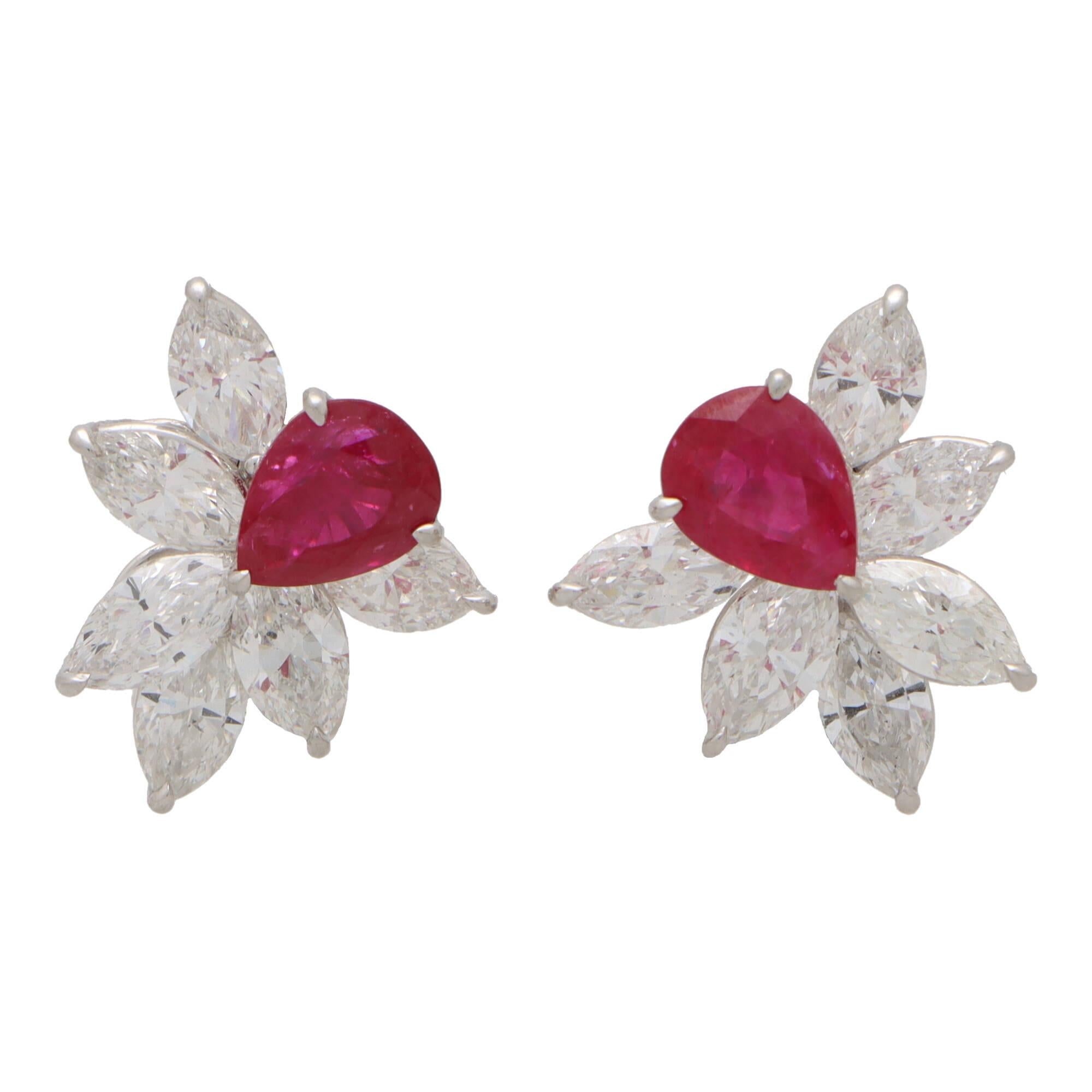 Women's or Men's Contemporary Pear Cut Ruby and Diamond Cluster Earrings in Platinum