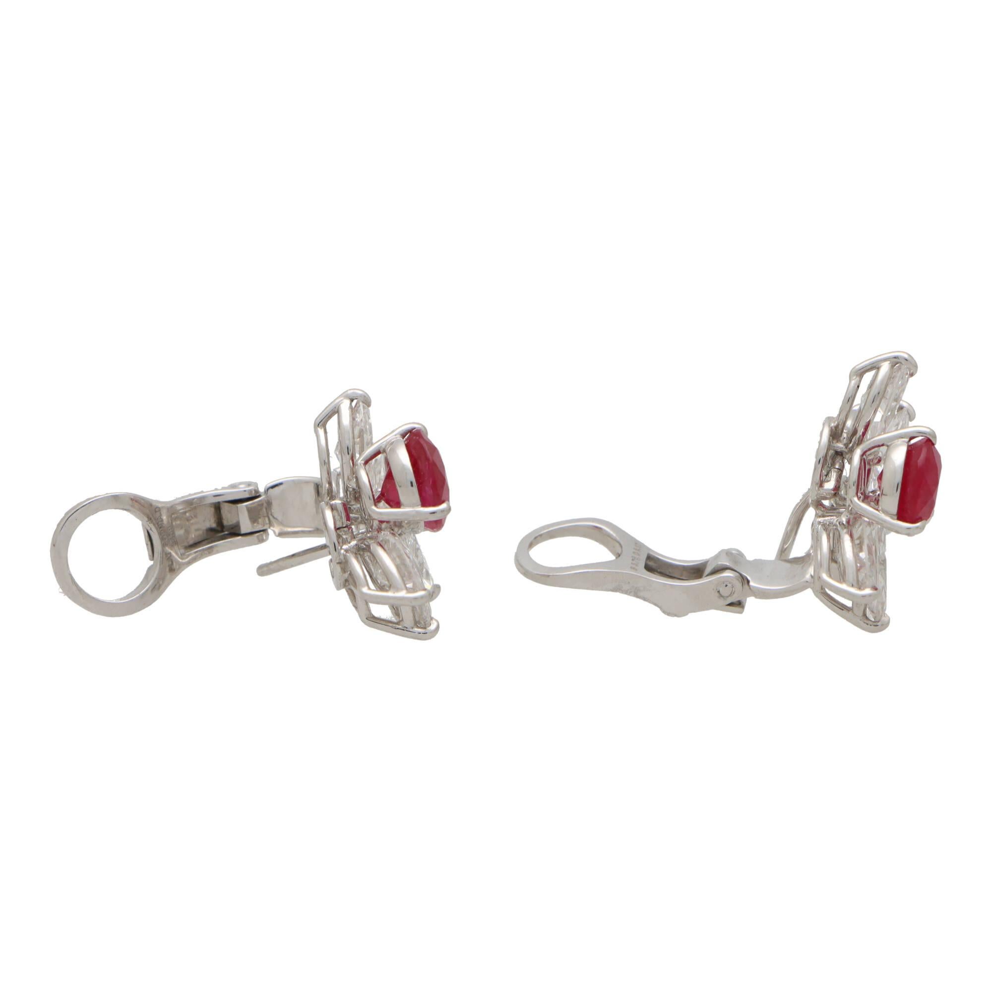 Contemporary Pear Cut Ruby and Diamond Cluster Earrings in Platinum 1