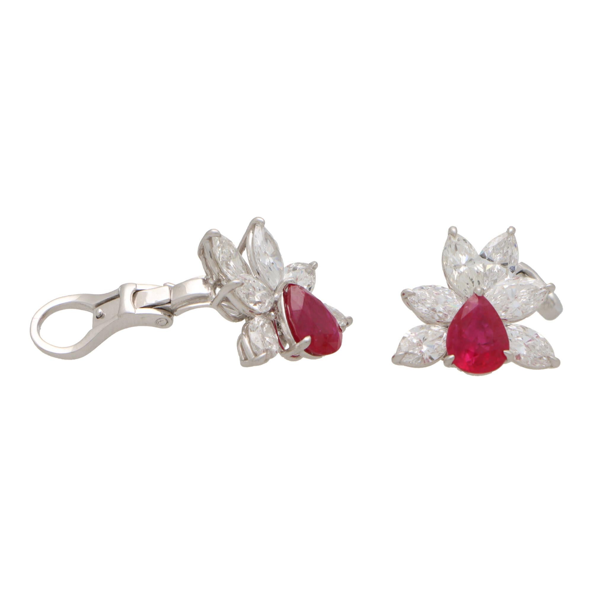 Contemporary Pear Cut Ruby and Diamond Cluster Earrings in Platinum For Sale 2