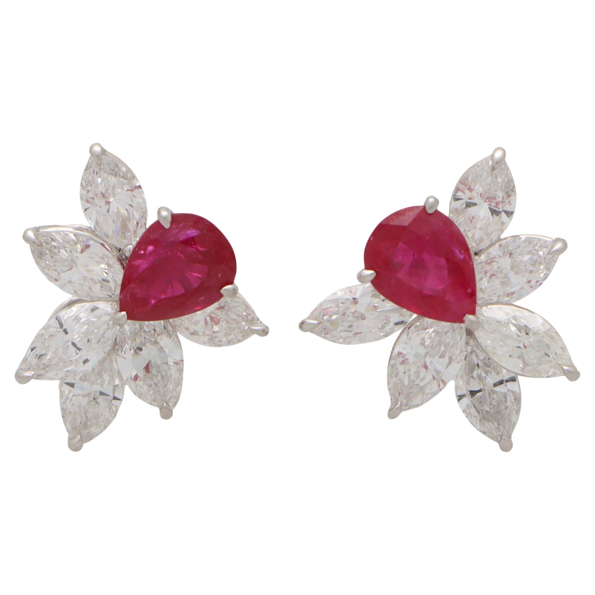 Contemporary Pear Cut Ruby and Diamond Cluster Earrings in Platinum