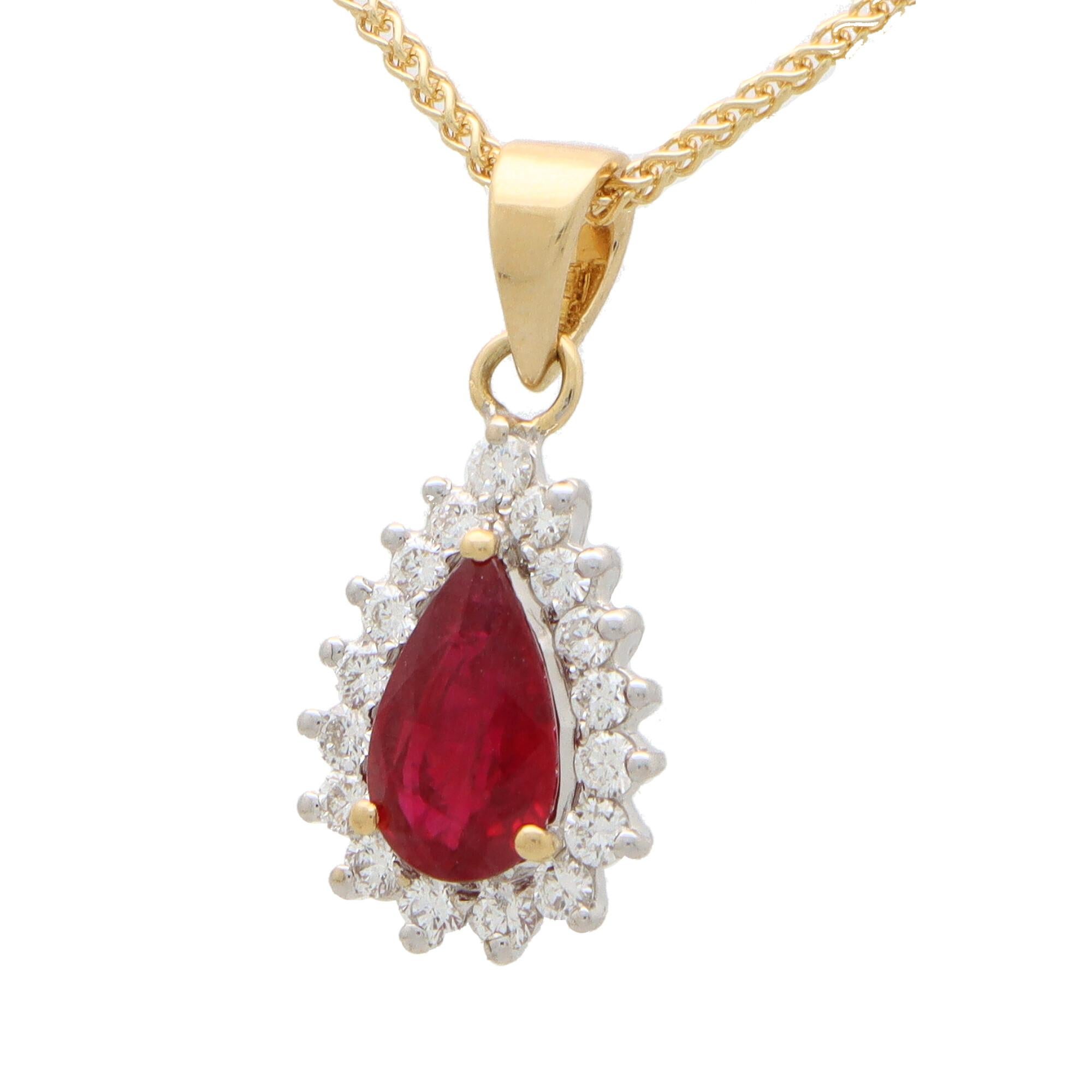 A beautiful pear shape ruby and diamond cluster pendant set in 18k yellow gold.

The pendant is centrally set with a beautiful coloured red pear cut ruby which is surrounded by 17 sparkly round brilliant cut diamonds. The pendant hangs from a