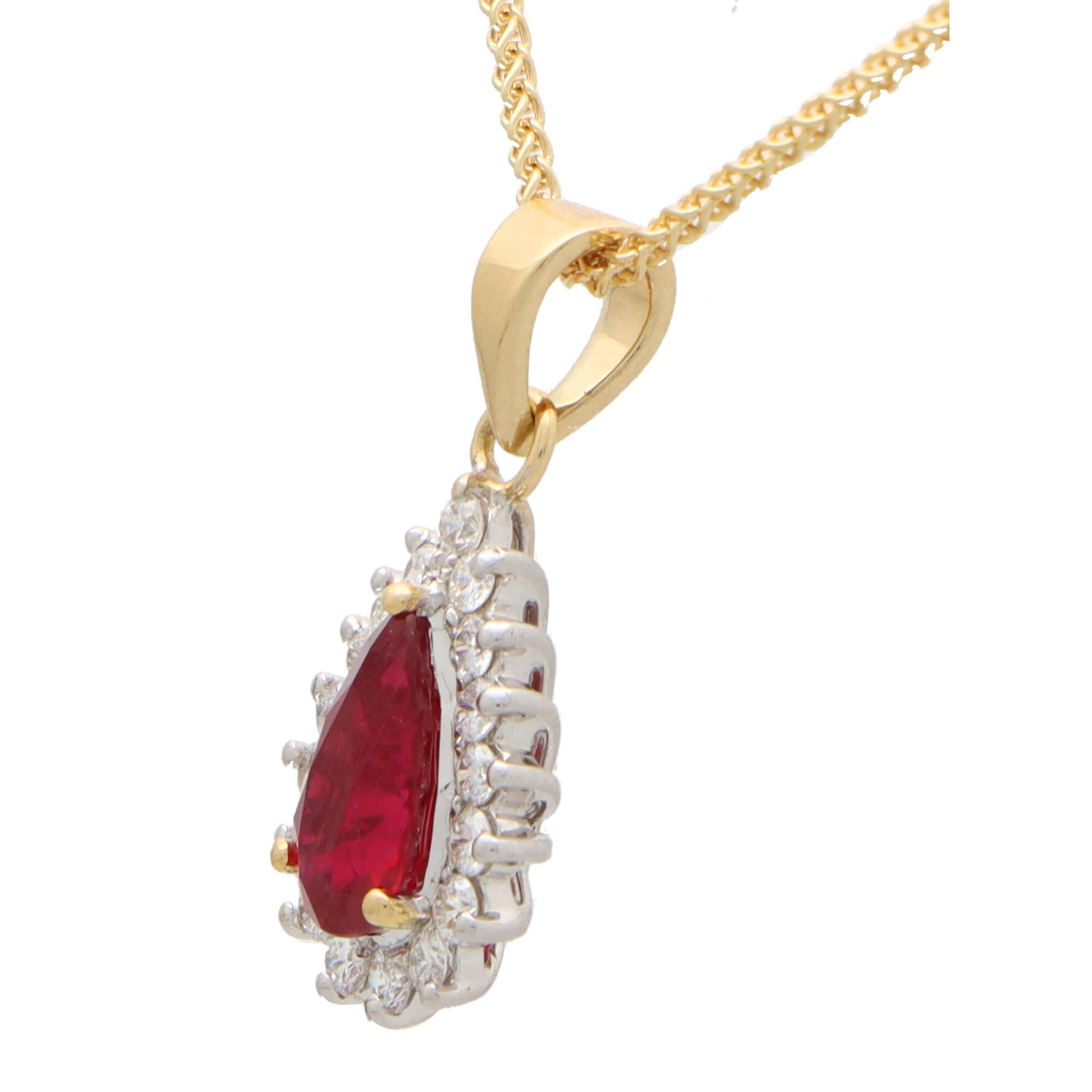 Modern Contemporary Pear Cut Ruby and Diamond Pendant Set in 18k Yellow and White Gold For Sale