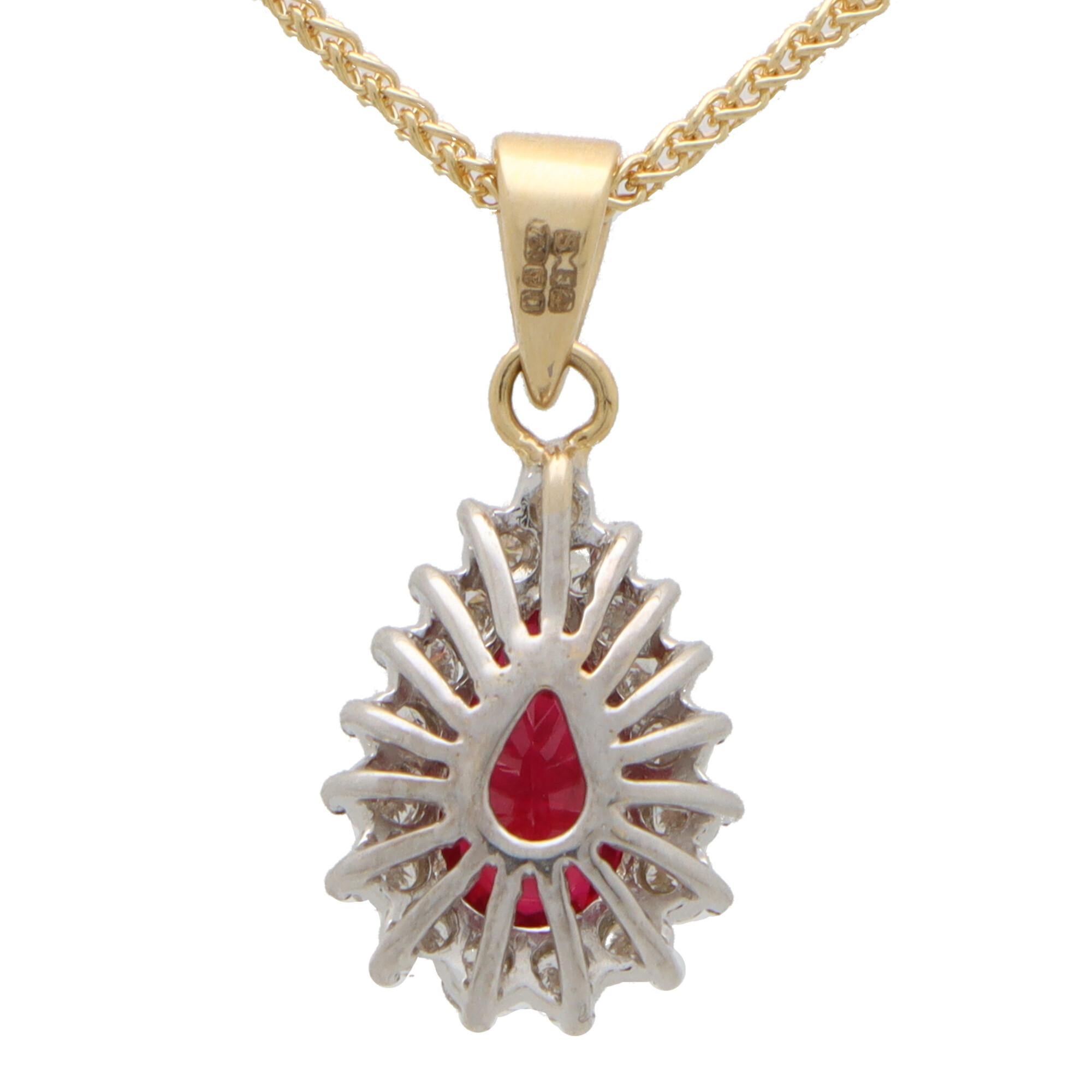 Contemporary Pear Cut Ruby and Diamond Pendant Set in 18k Yellow and White Gold In Good Condition For Sale In London, GB
