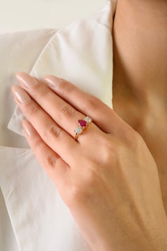 Contemporary Pear Cut Ruby & Diamond Trilogy Ring in Solid 14K Yellow Gold