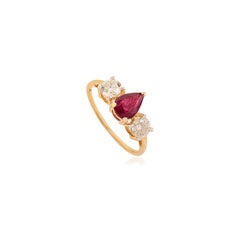 Contemporary Pear Cut Ruby & Diamond Trilogy Ring in Solid 18K Yellow Gold